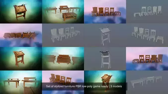 Set of stylized furniture PBR low-poly game ready 3D Model Collection