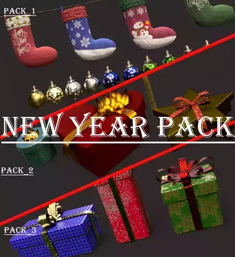 New Year pack of gifts and decorate  Free low-poly 3D model
