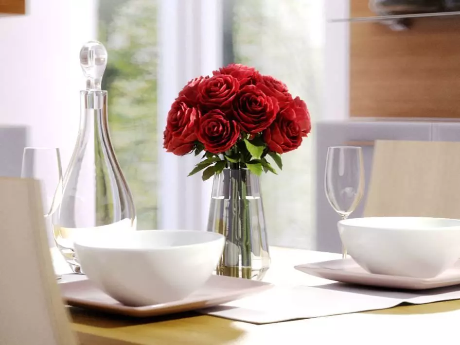 Realistic Plants Collection roses in vase on dining table 3D model_0