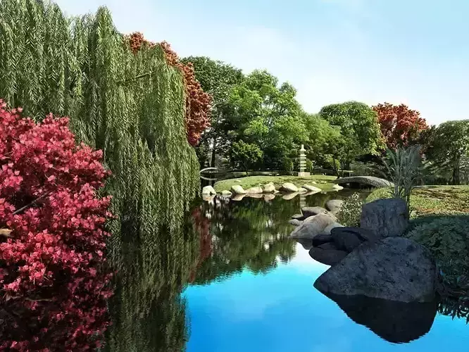 Realistic Plants Collection pond with trees and flowers
