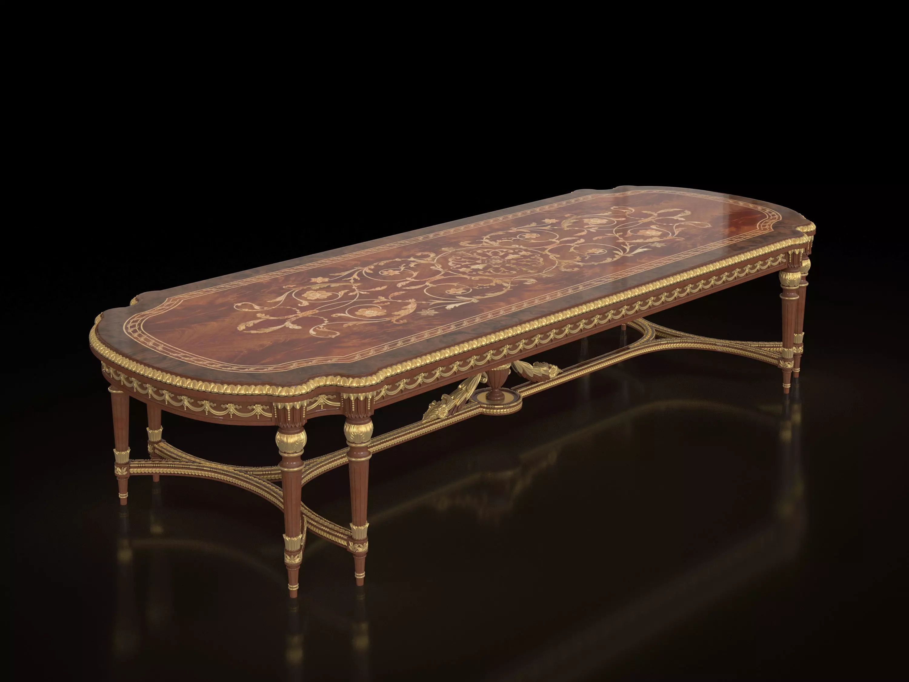 Classic victorian dining table with inlaid top and walnut finish 3D model_0