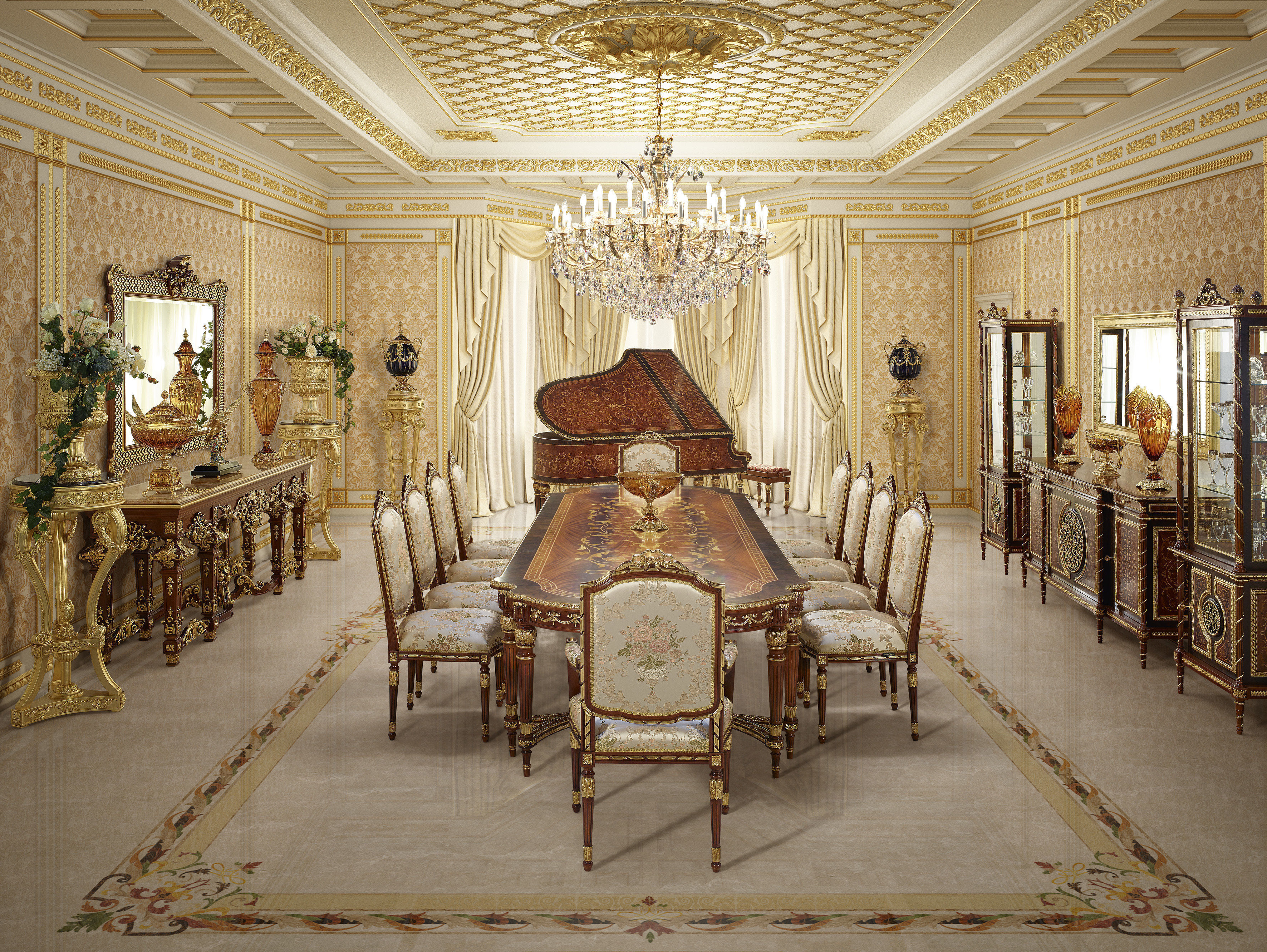 Classic victorian dining table with inlaid top and walnut finish 3D model_1
