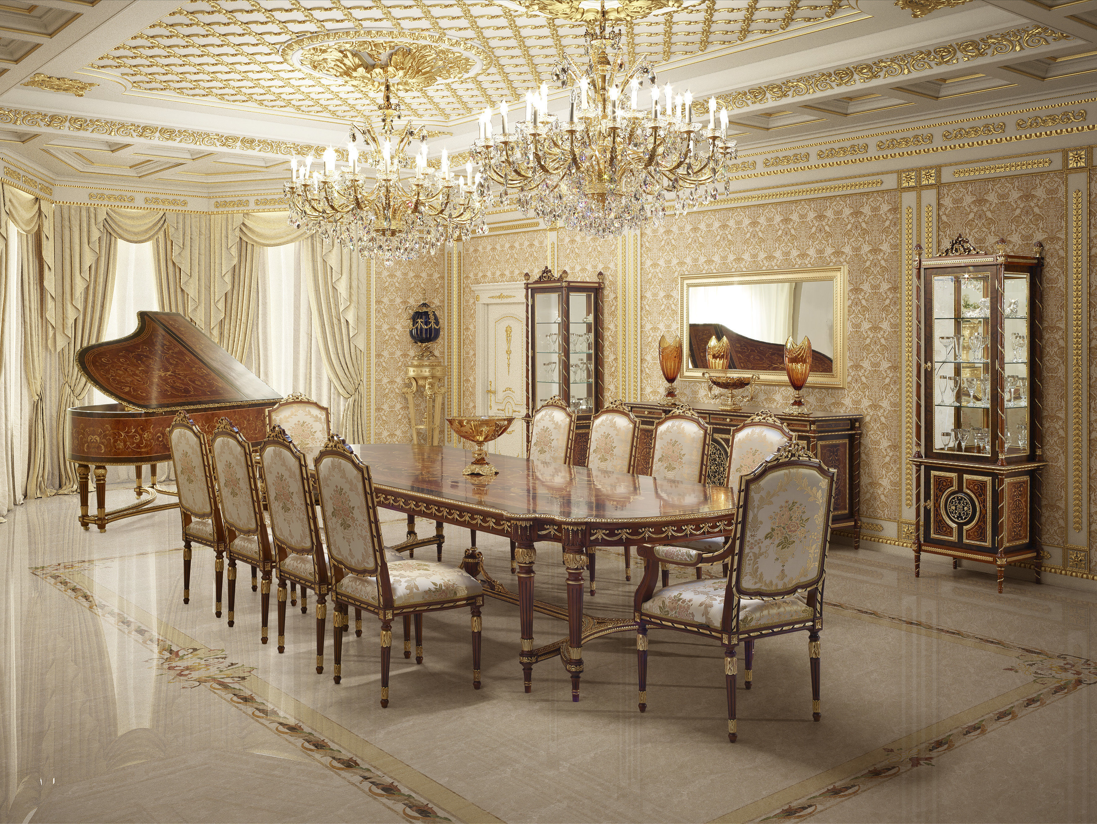 Classic victorian dining table with inlaid top and walnut finish 3D model_2