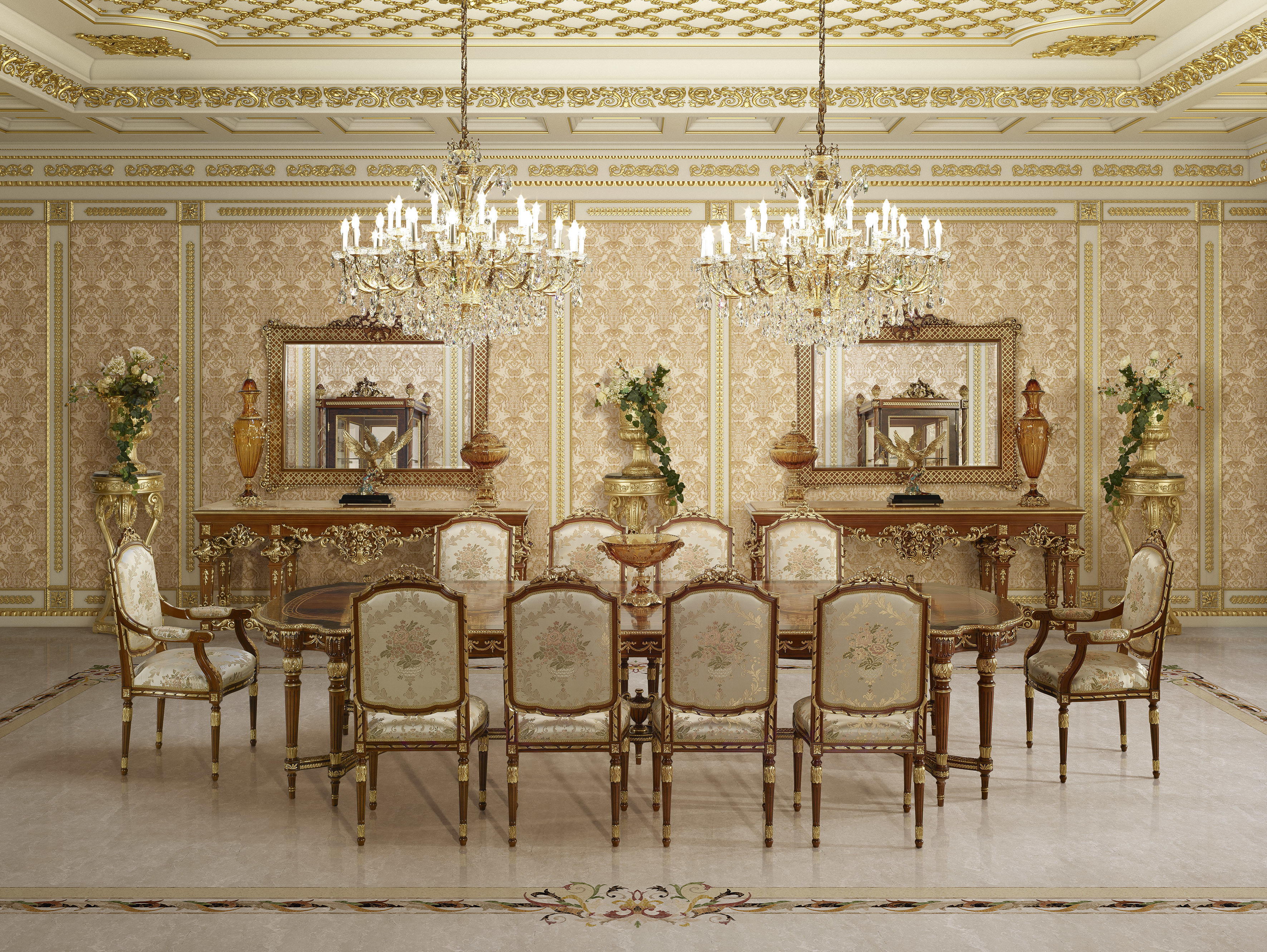 Classic victorian dining table with inlaid top and walnut finish 3D model_3