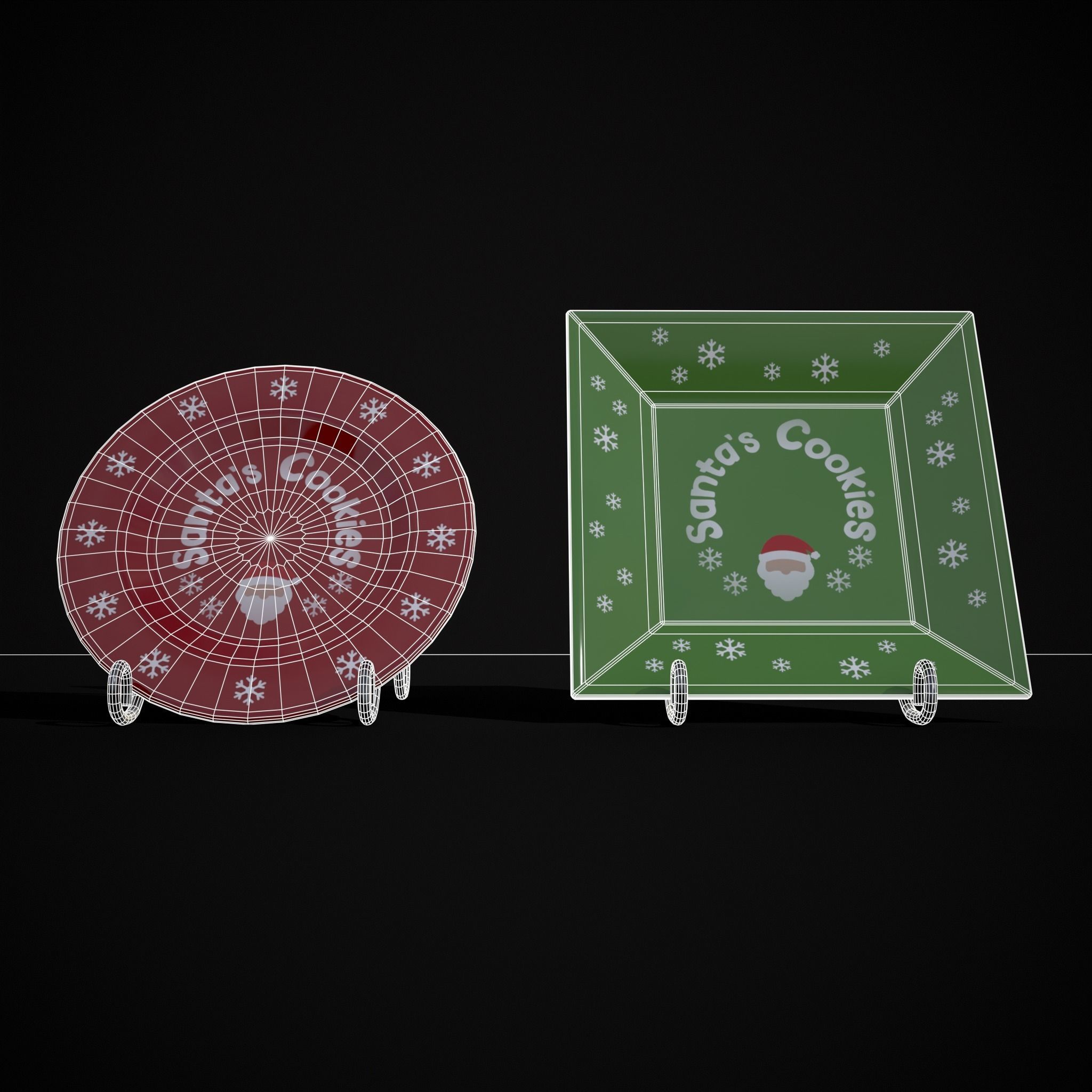 Red and Green Christmas Plates Low-poly 3D model_6