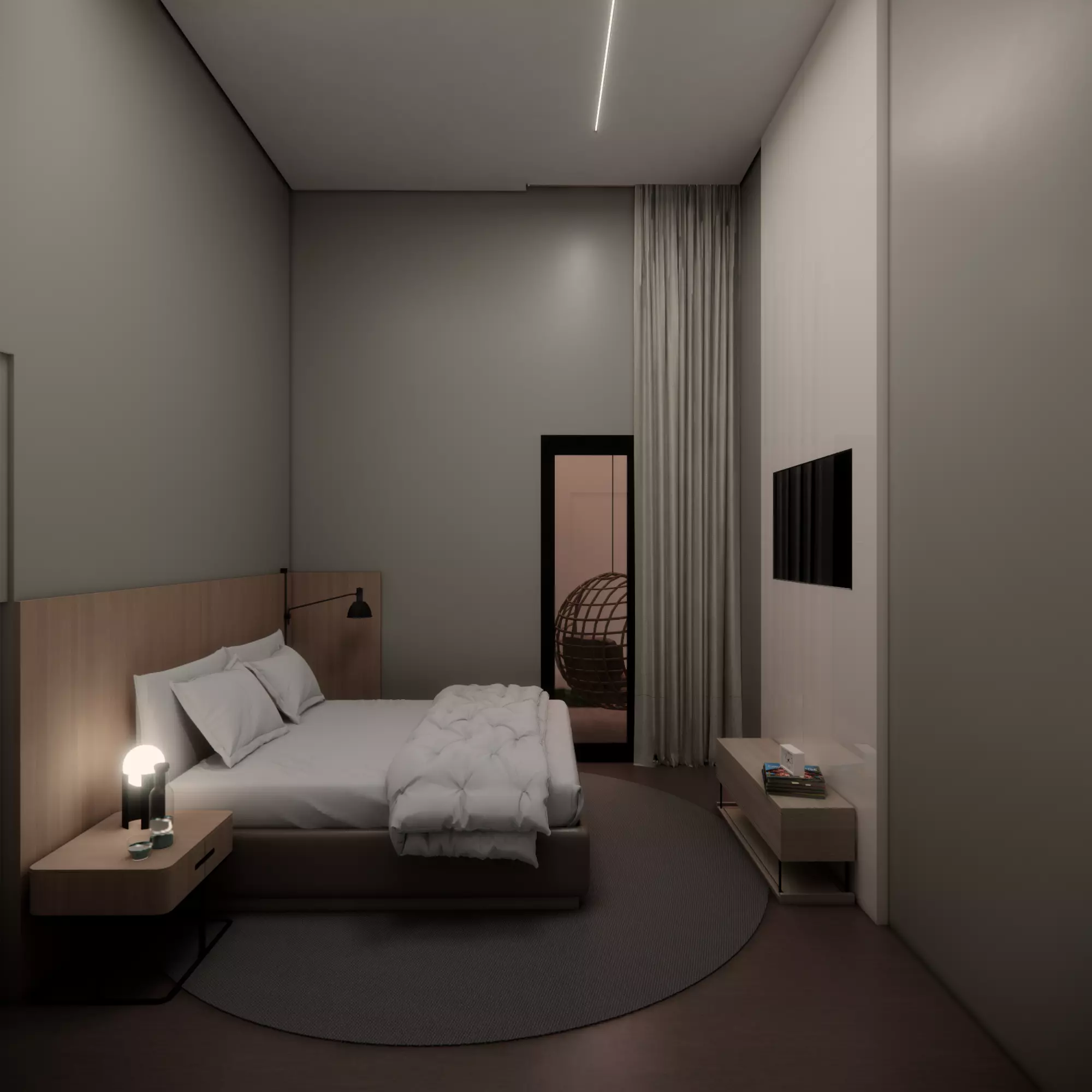 suite modern hotel room with bed and tv 3D model