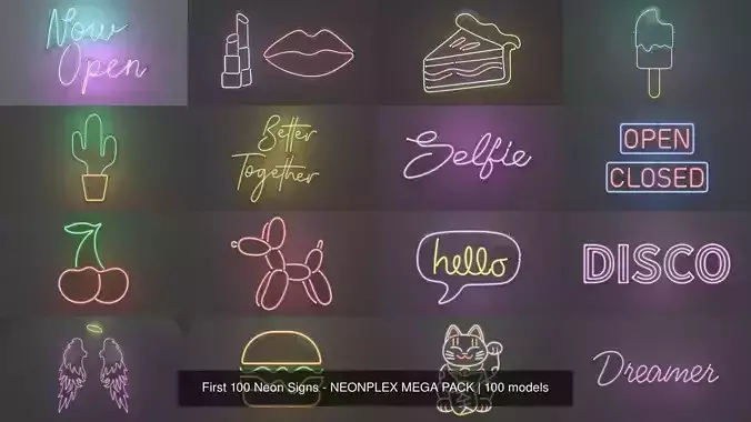 100 Neon Signs - NEONPLEX MEGA PACK 3D Model Collection