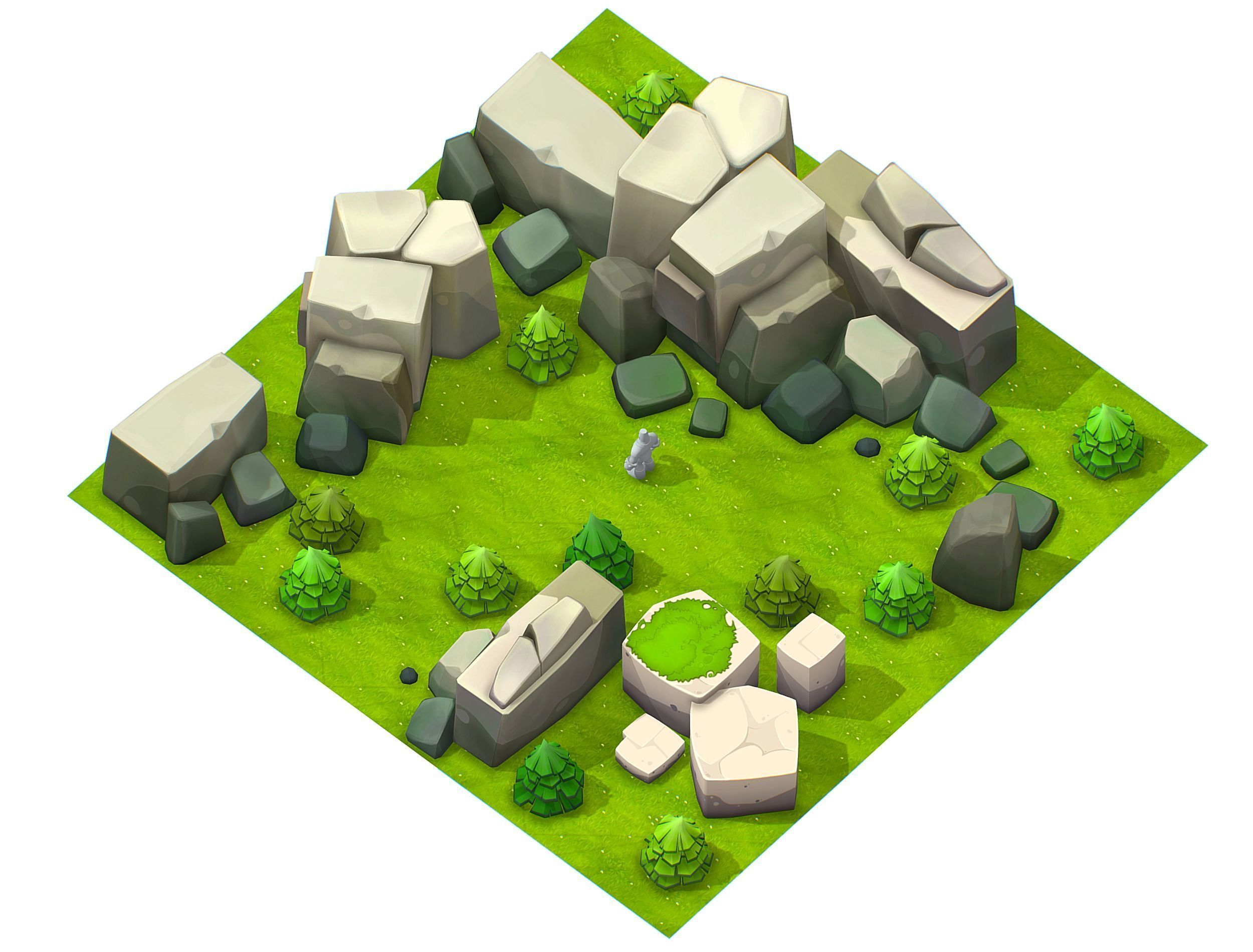 Cartoon Level Ground Tree Stone Cliff Low-poly 3D model_2