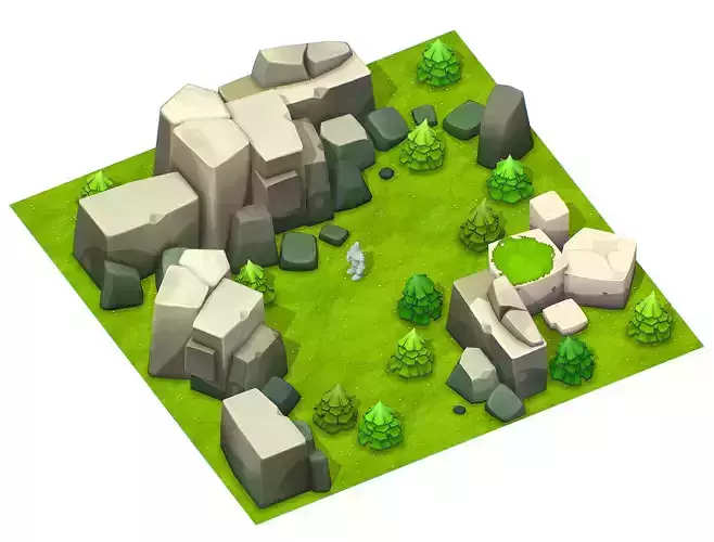 Cartoon Level Ground Tree Stone Cliff Low-poly 3D model