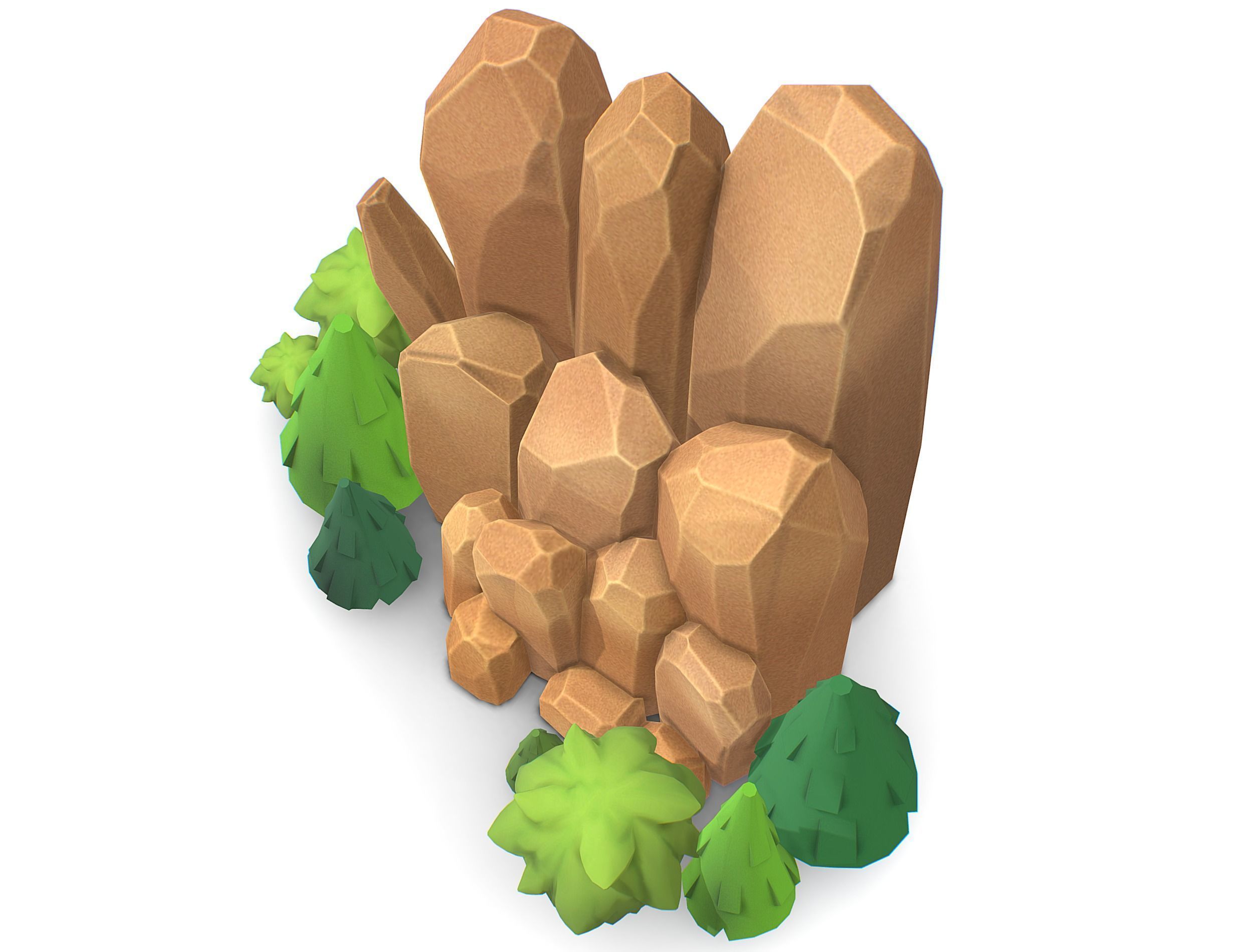 Cartoon Stone Cllff and Green Trees Low-poly 3D model_11