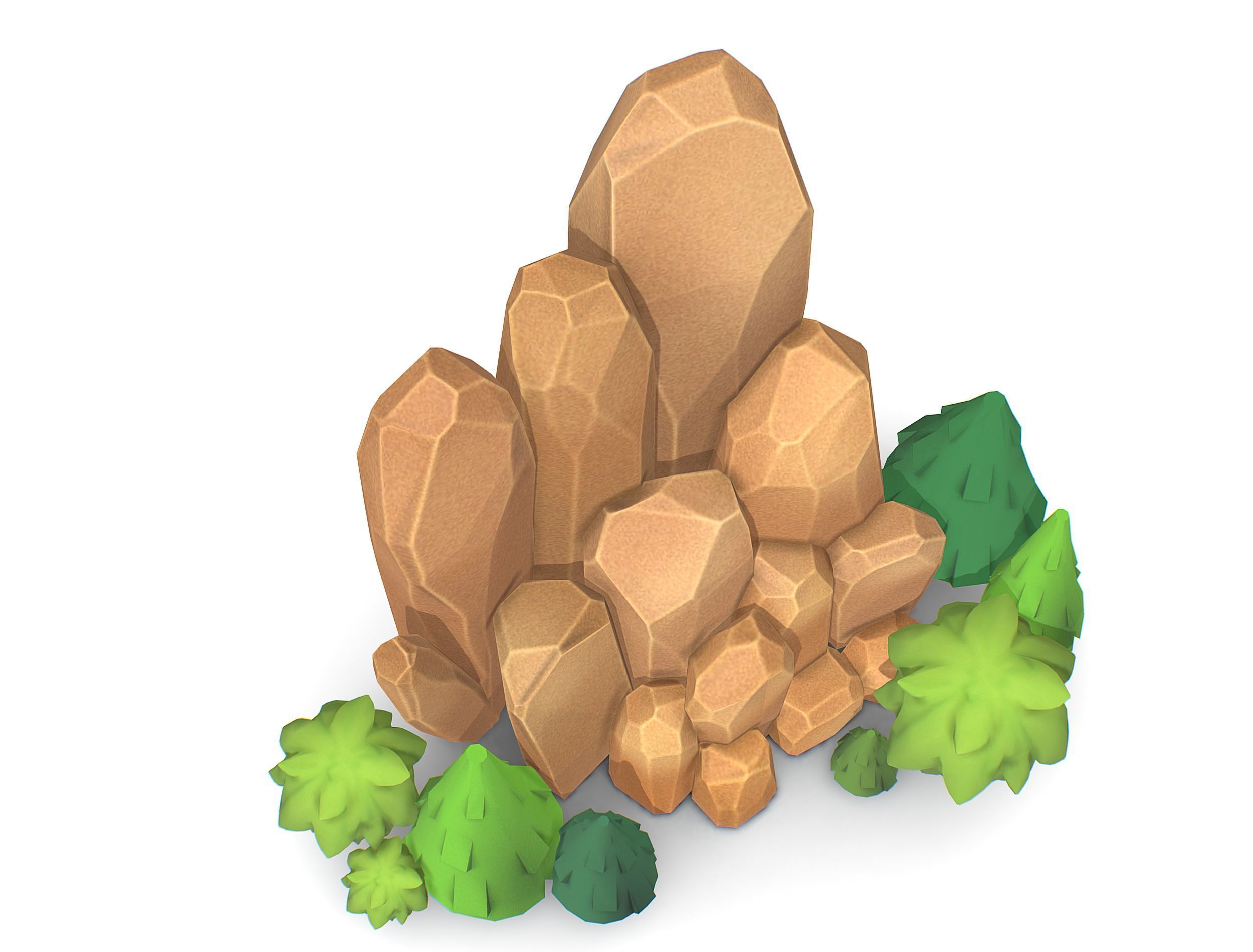Cartoon Stone Cllff and Green Trees Low-poly 3D model_10