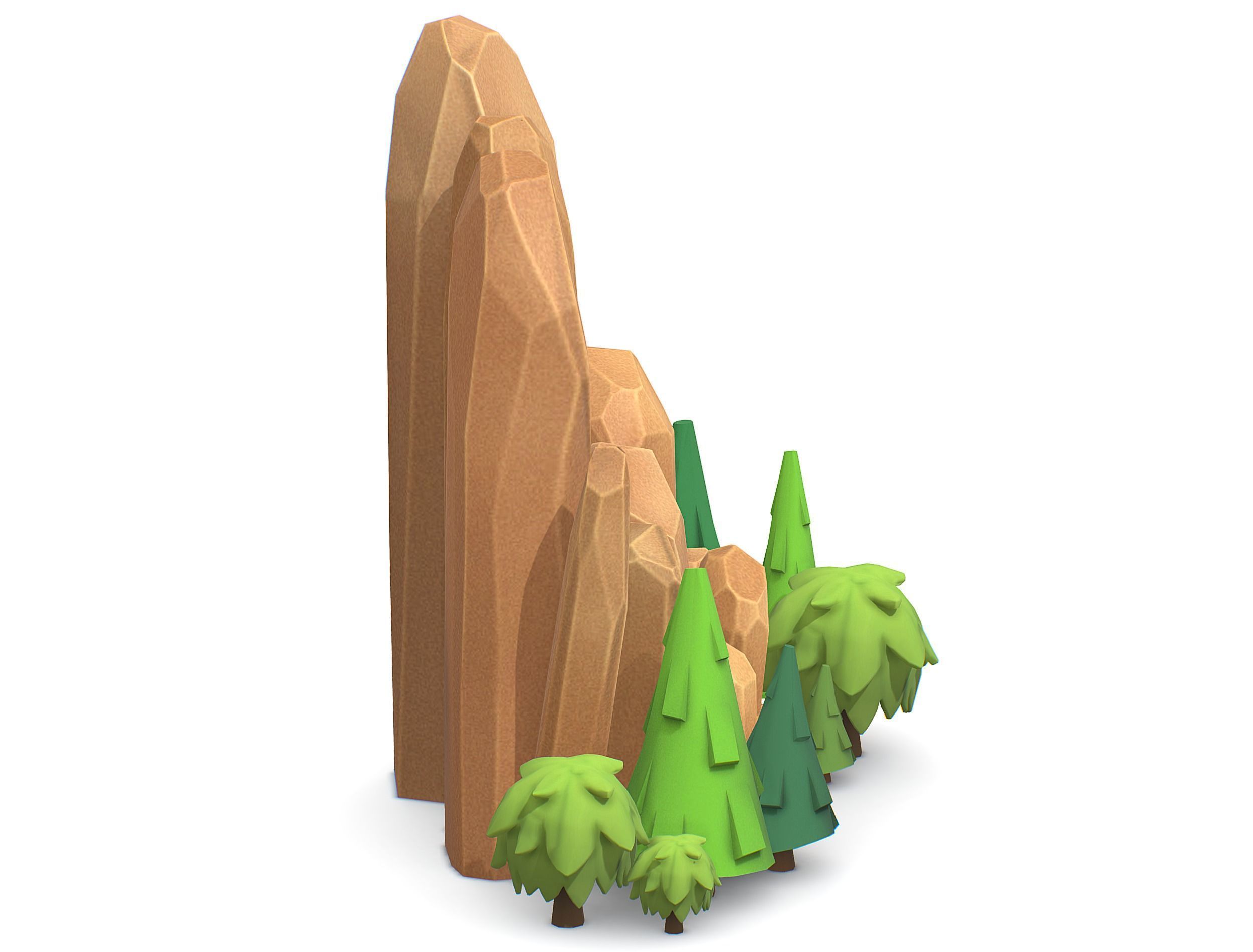 Cartoon Stone Cllff and Green Trees Low-poly 3D model_7
