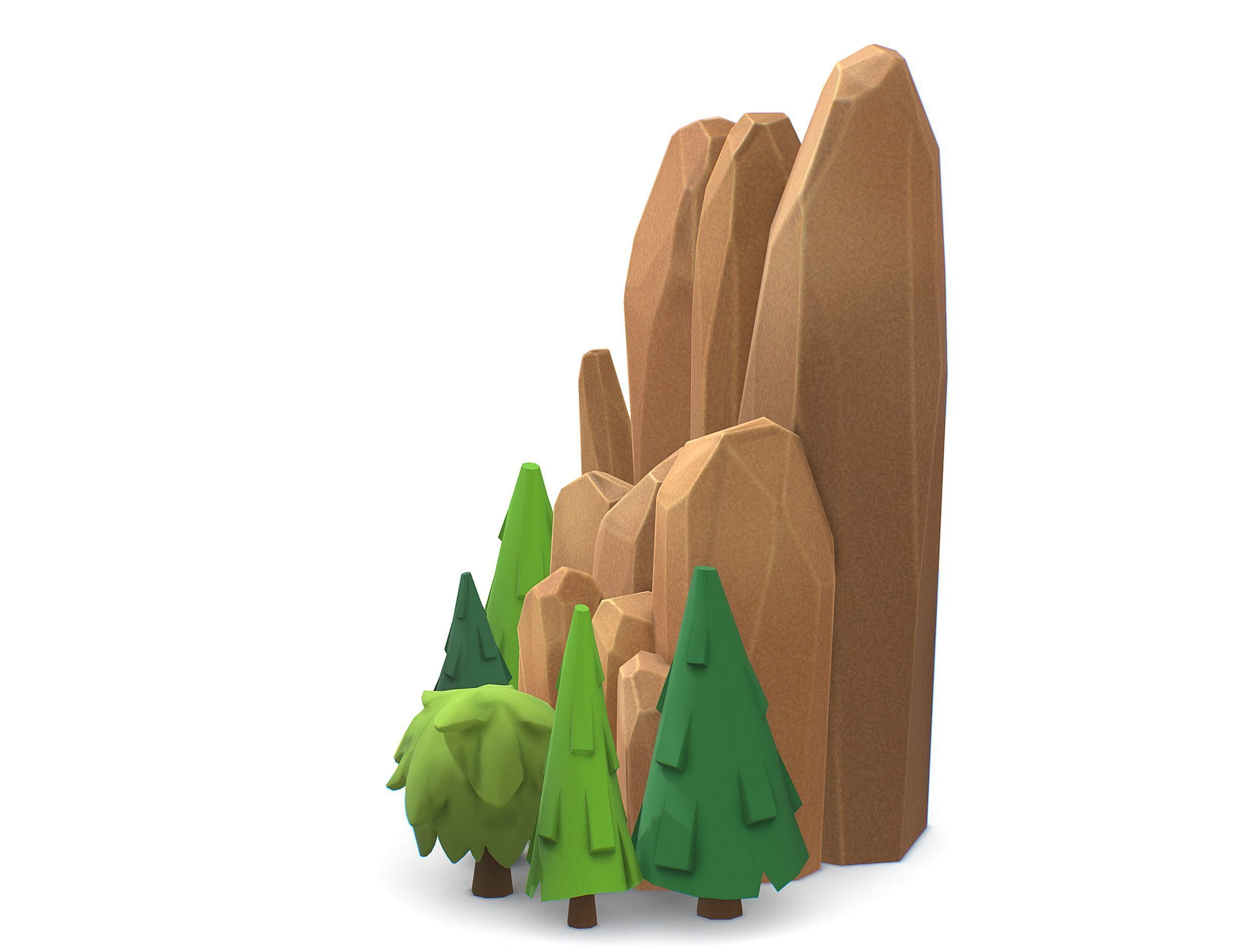 Cartoon Stone Cllff and Green Trees Low-poly 3D model_3