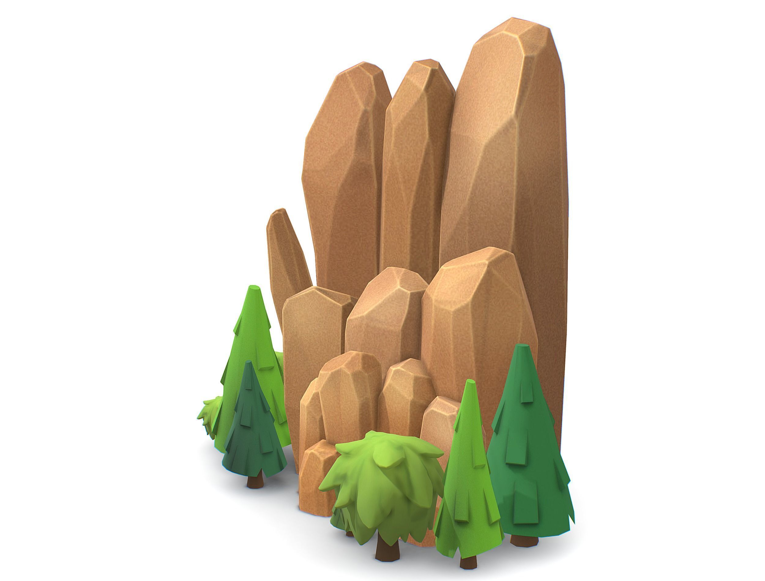 Cartoon Stone Cllff and Green Trees Low-poly 3D model_2