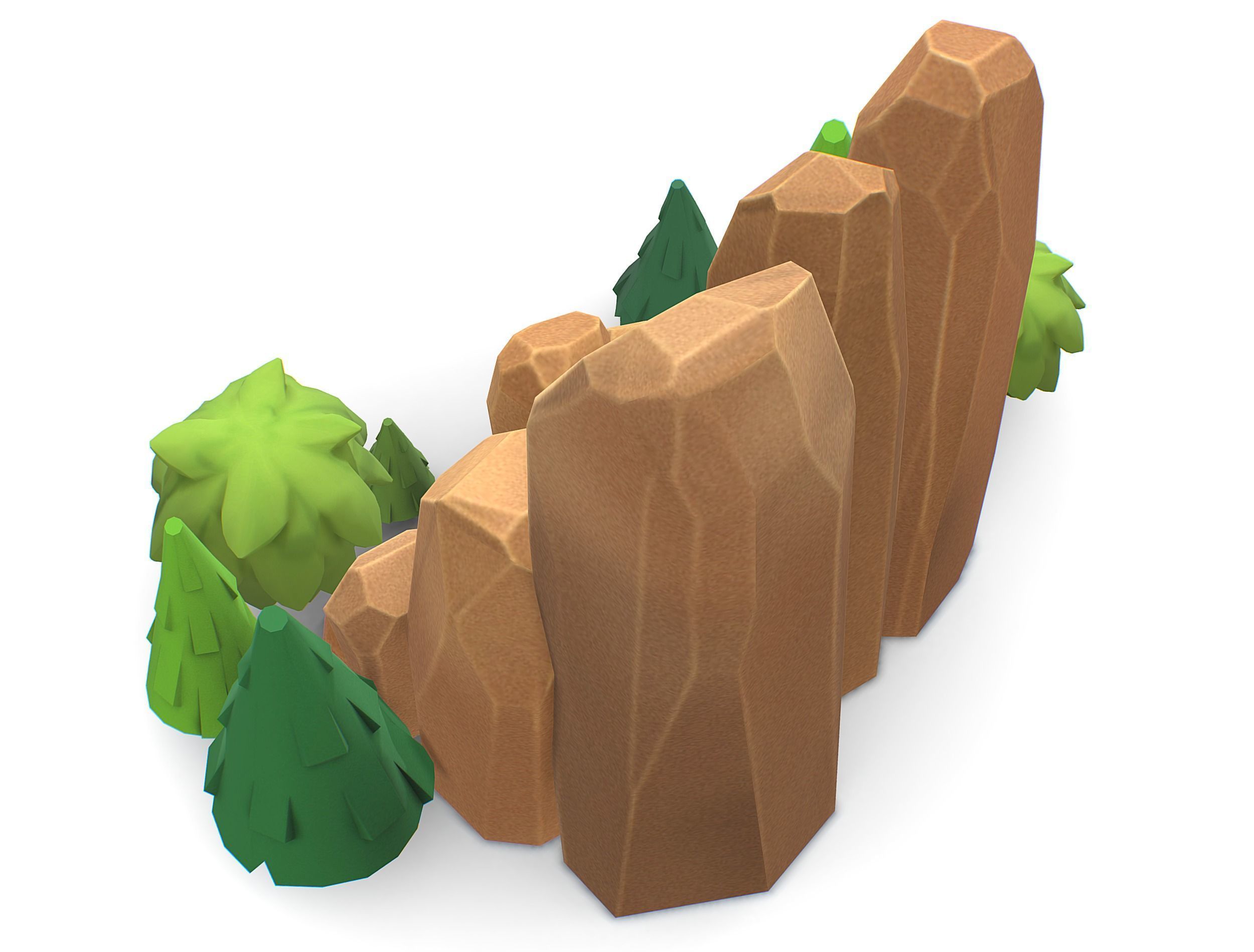 Cartoon Stone Cllff and Green Trees Low-poly 3D model_12