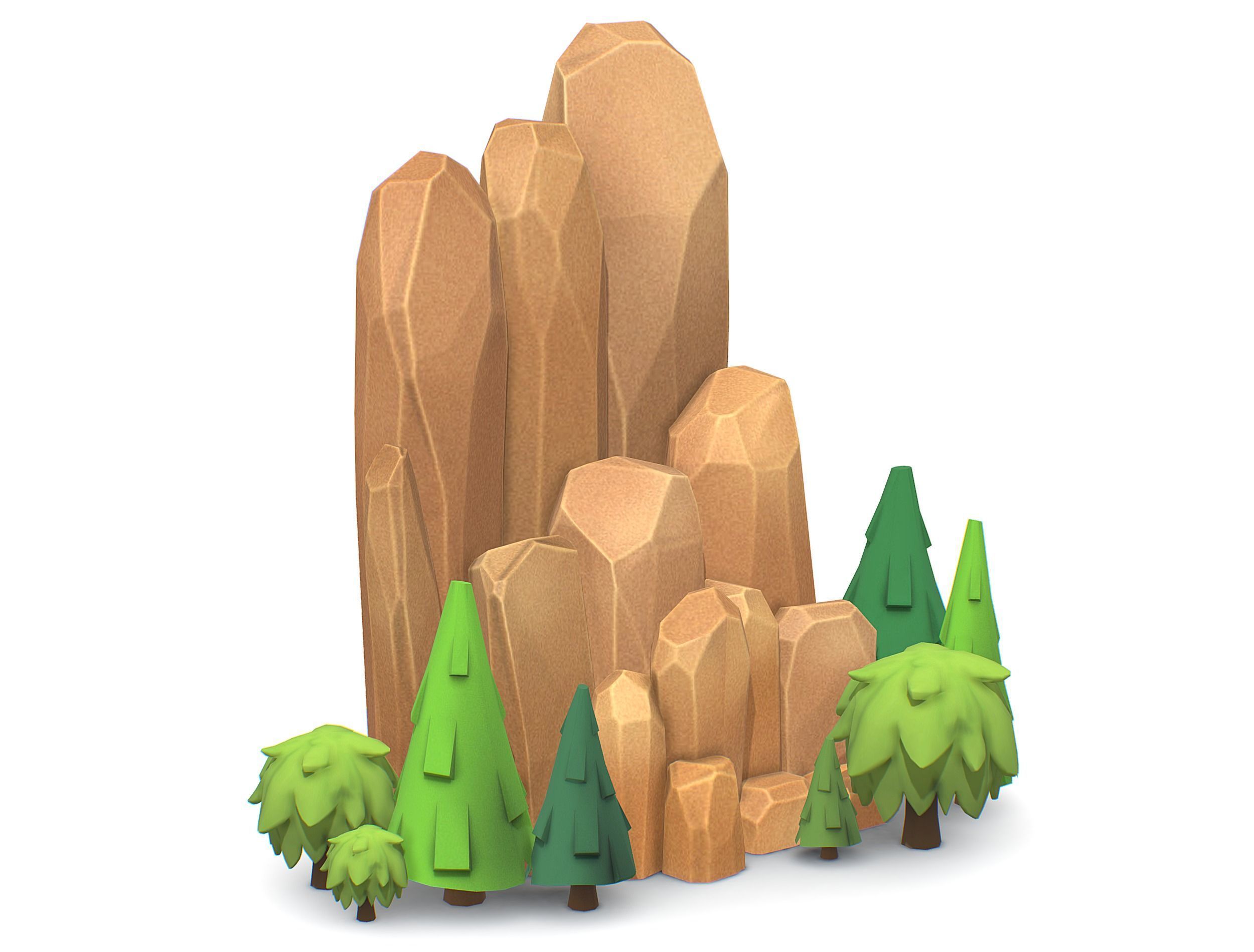 Cartoon Stone Cllff and Green Trees Low-poly 3D model_8