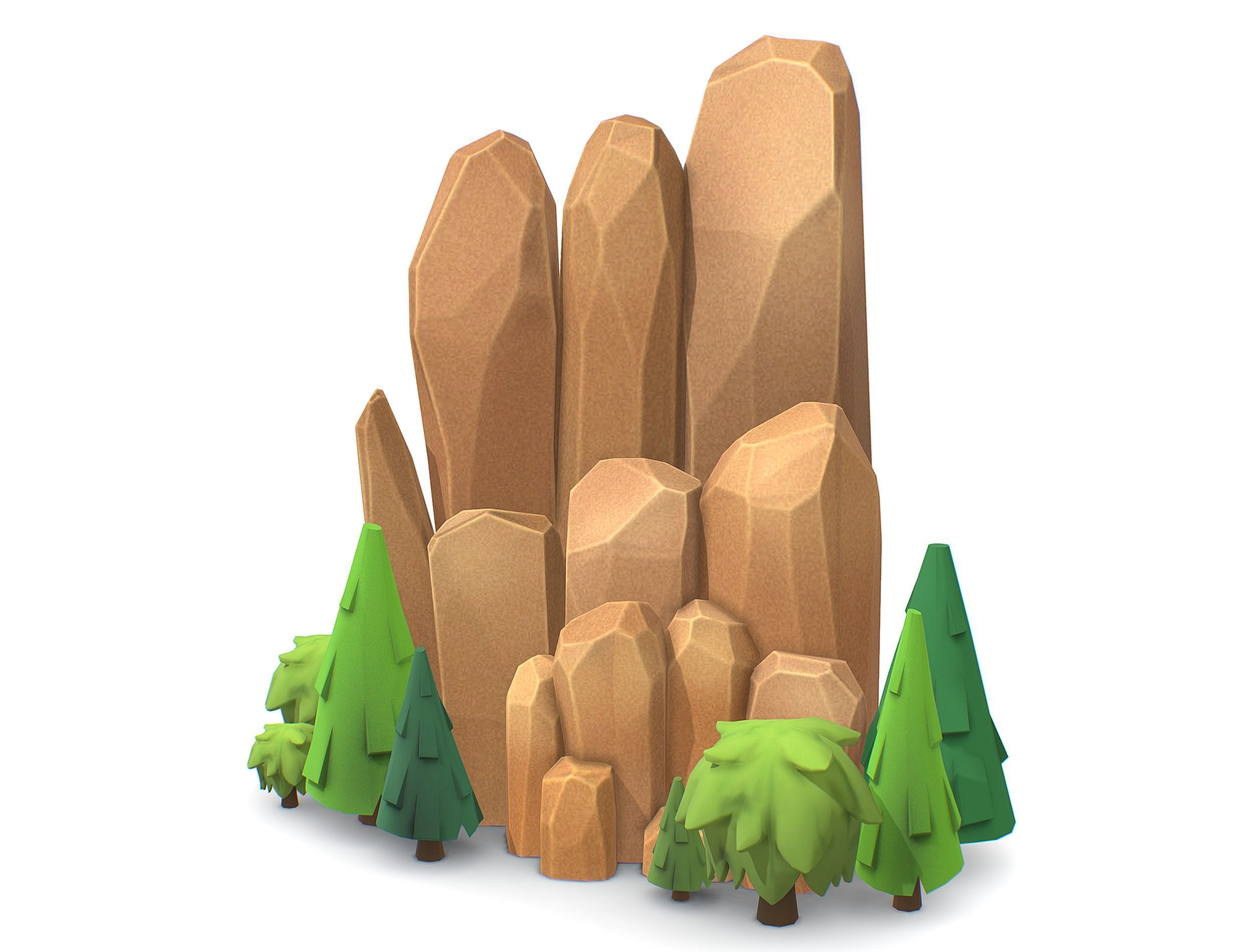Cartoon Stone Cllff and Green Trees Low-poly 3D model_1