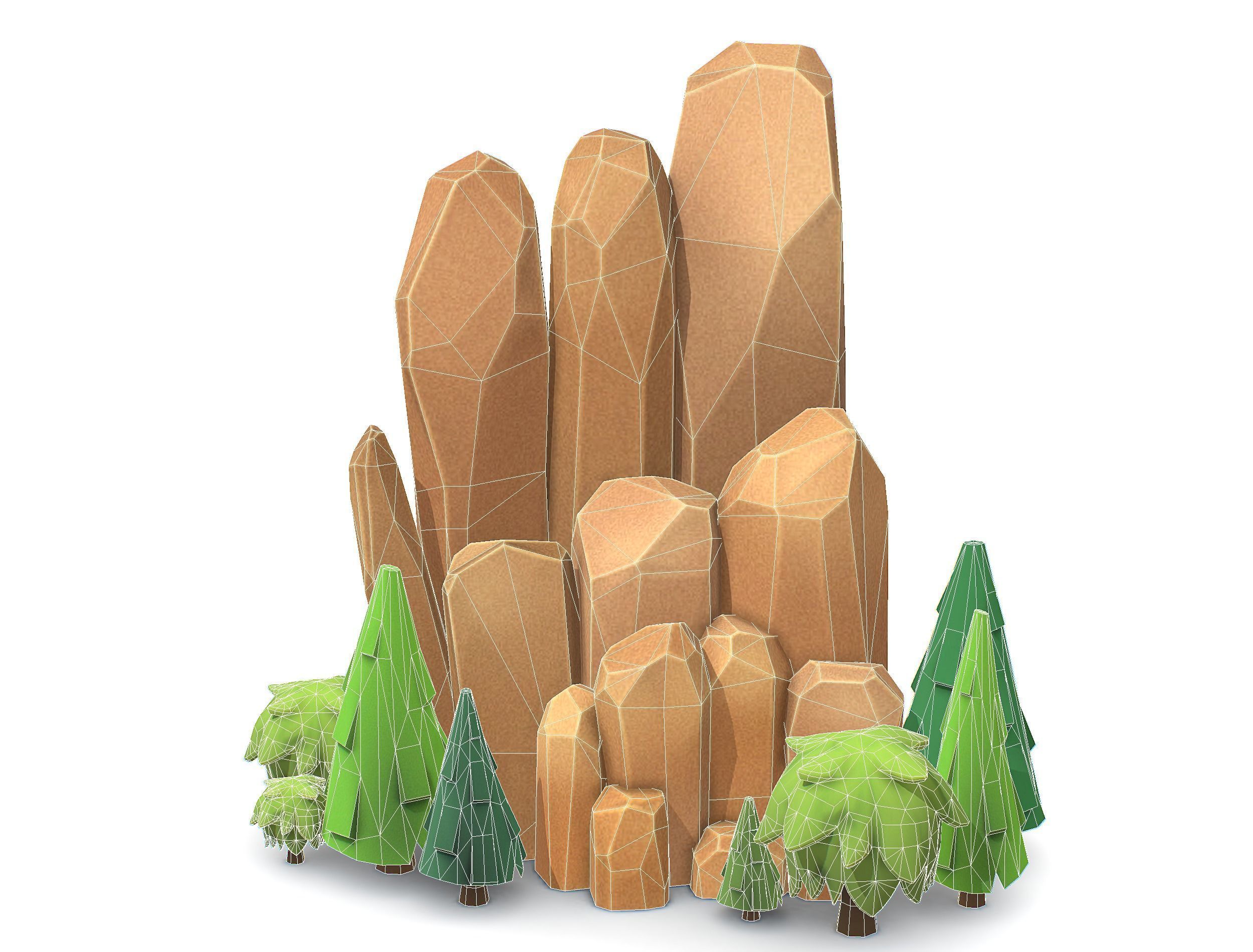 Cartoon Stone Cllff and Green Trees Low-poly 3D model_14