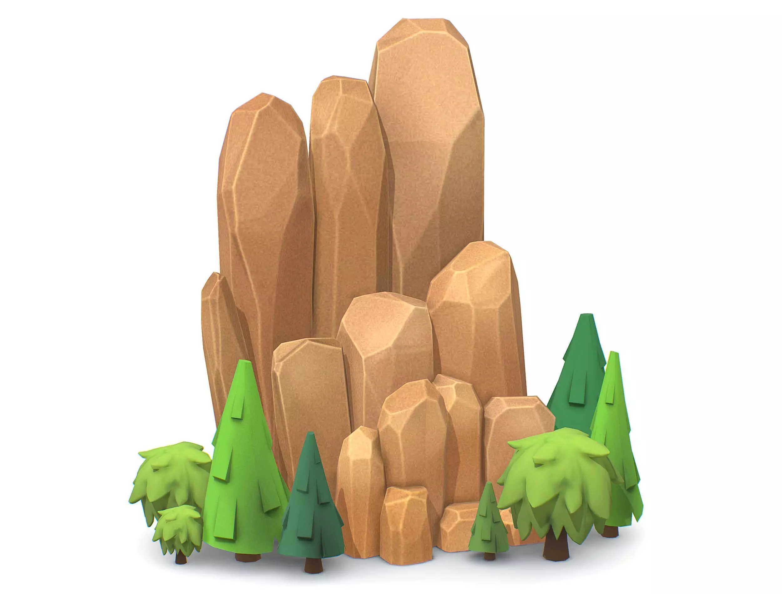 Cartoon Stone Cllff and Green Trees Low-poly 3D model_0