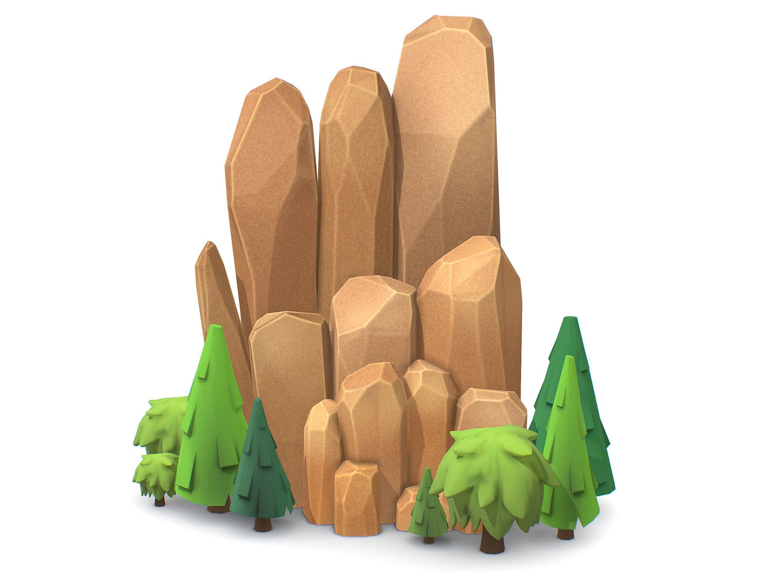 Cartoon Stone Cllff and Green Trees Low-poly 3D model_9