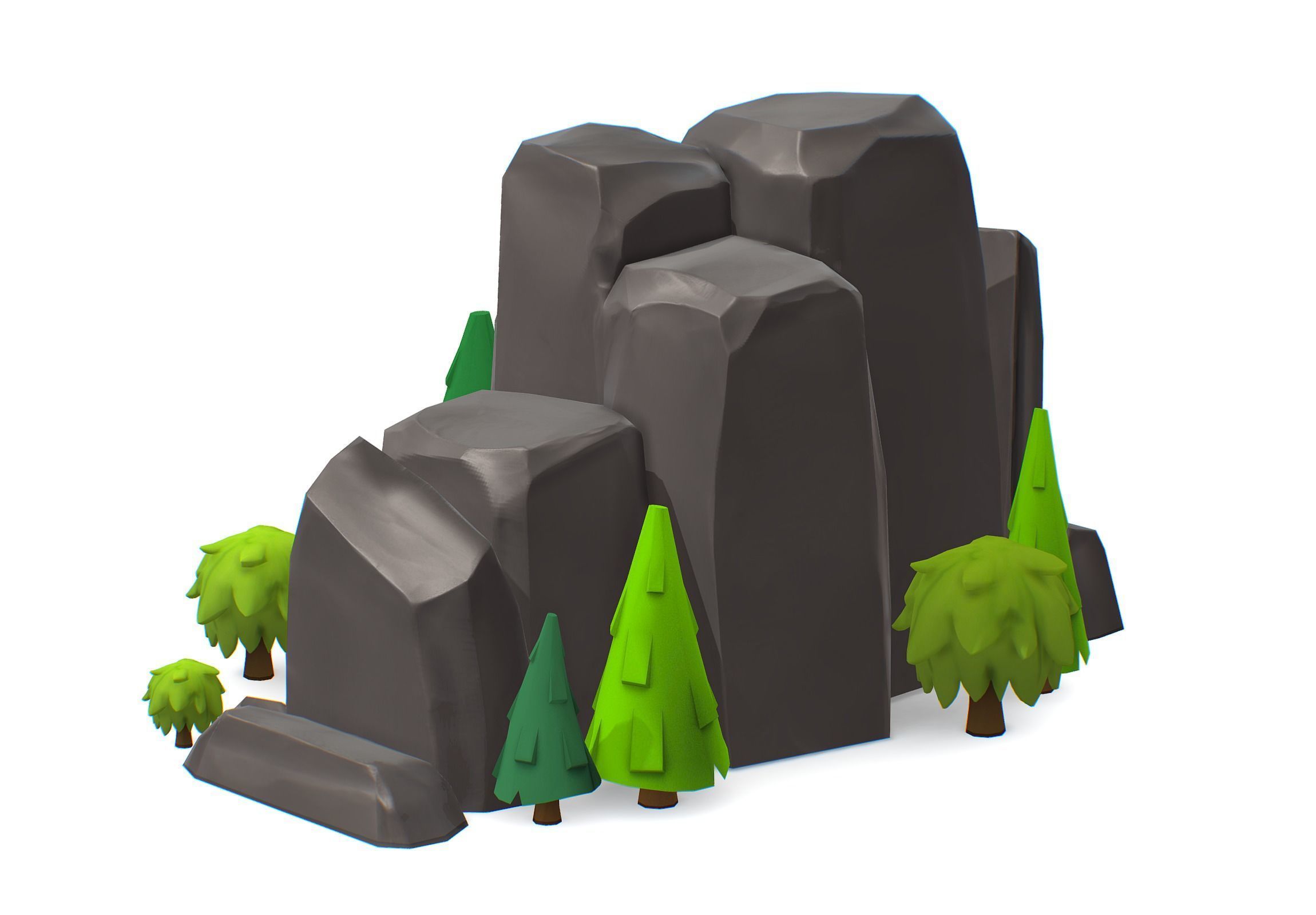 Cartoon Stone Cliff and Green Trees Low-poly 3D model_2