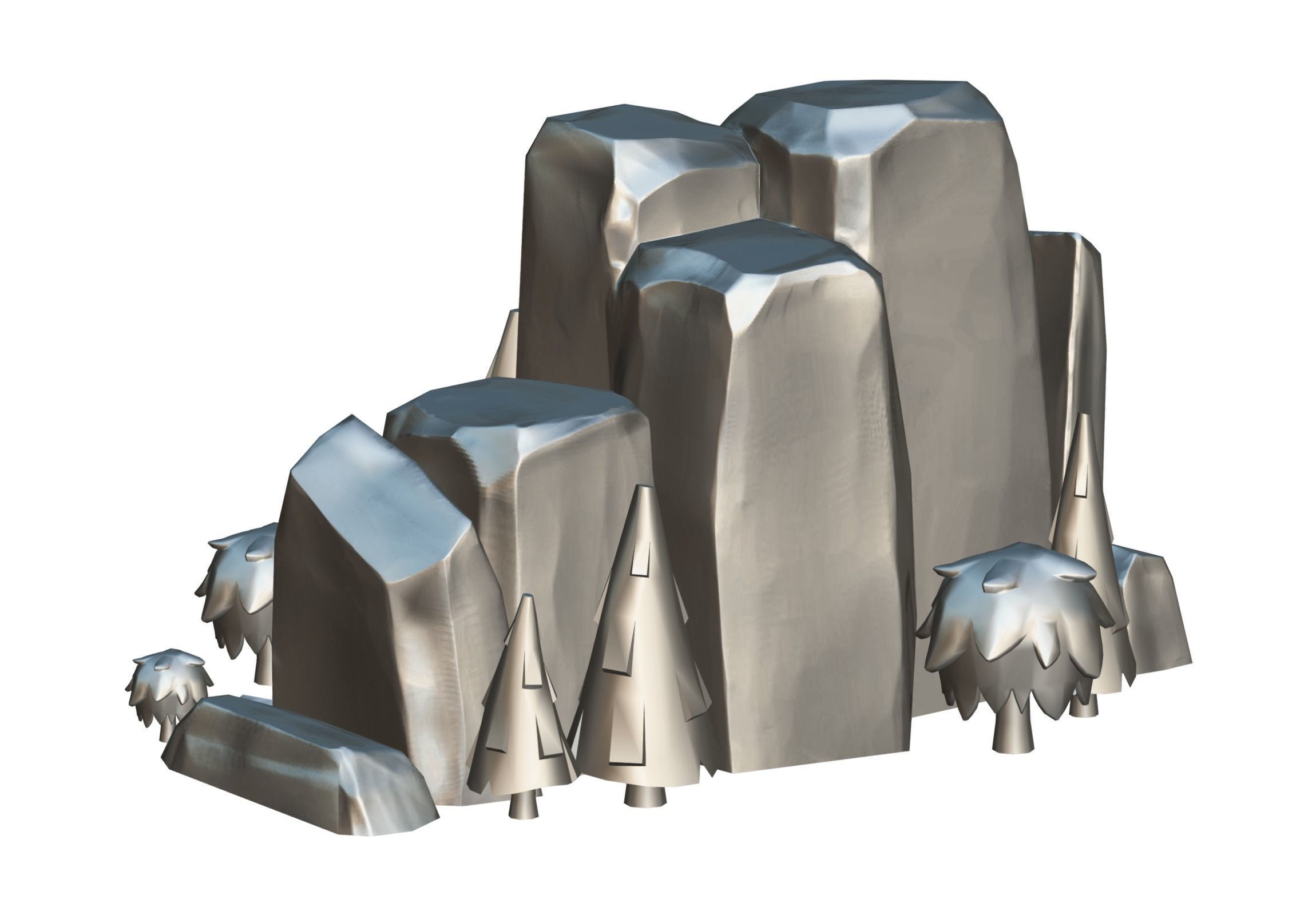 Cartoon Stone Cliff and Green Trees Low-poly 3D model_25