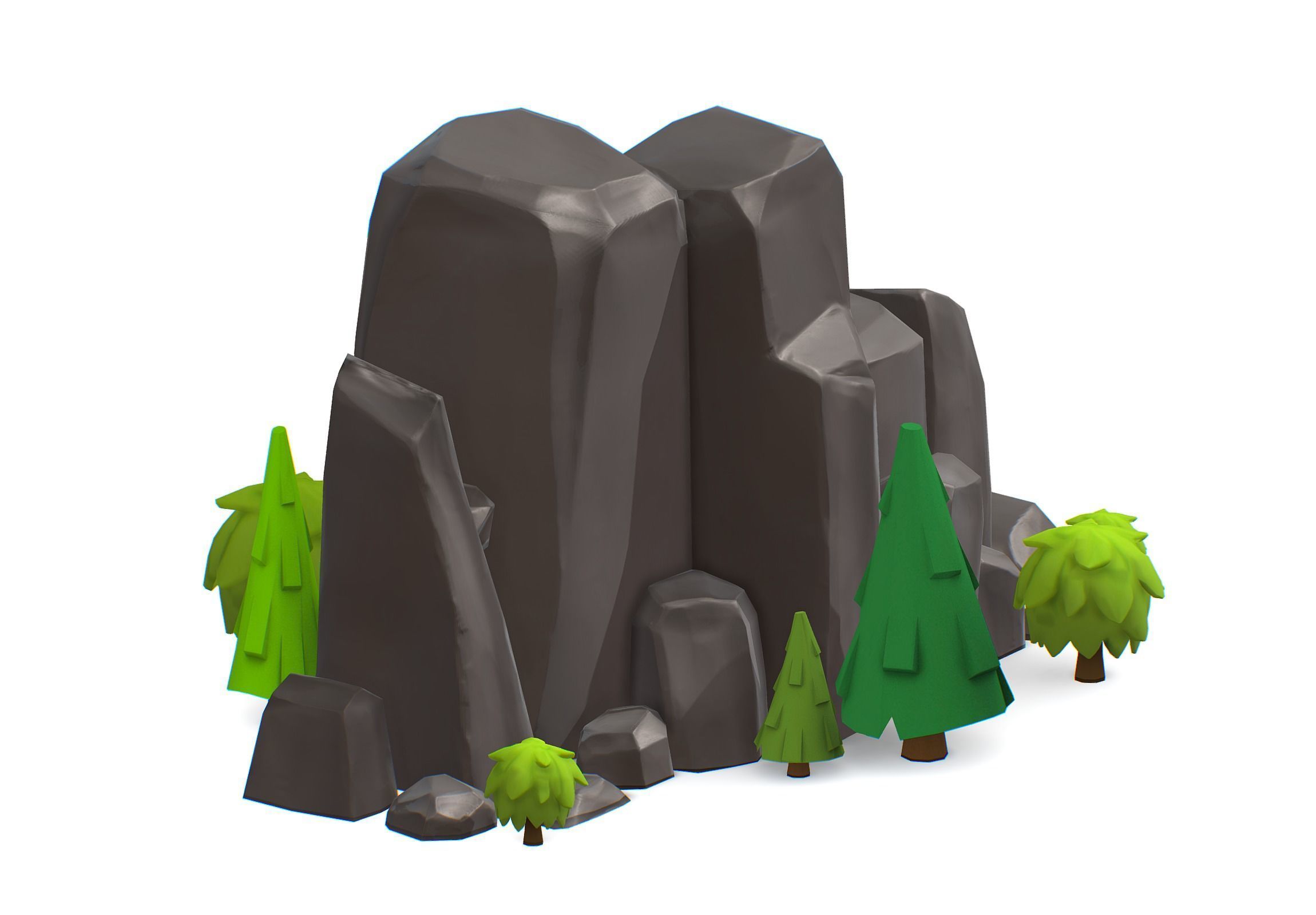 Cartoon Stone Cliff and Green Trees Low-poly 3D model_12