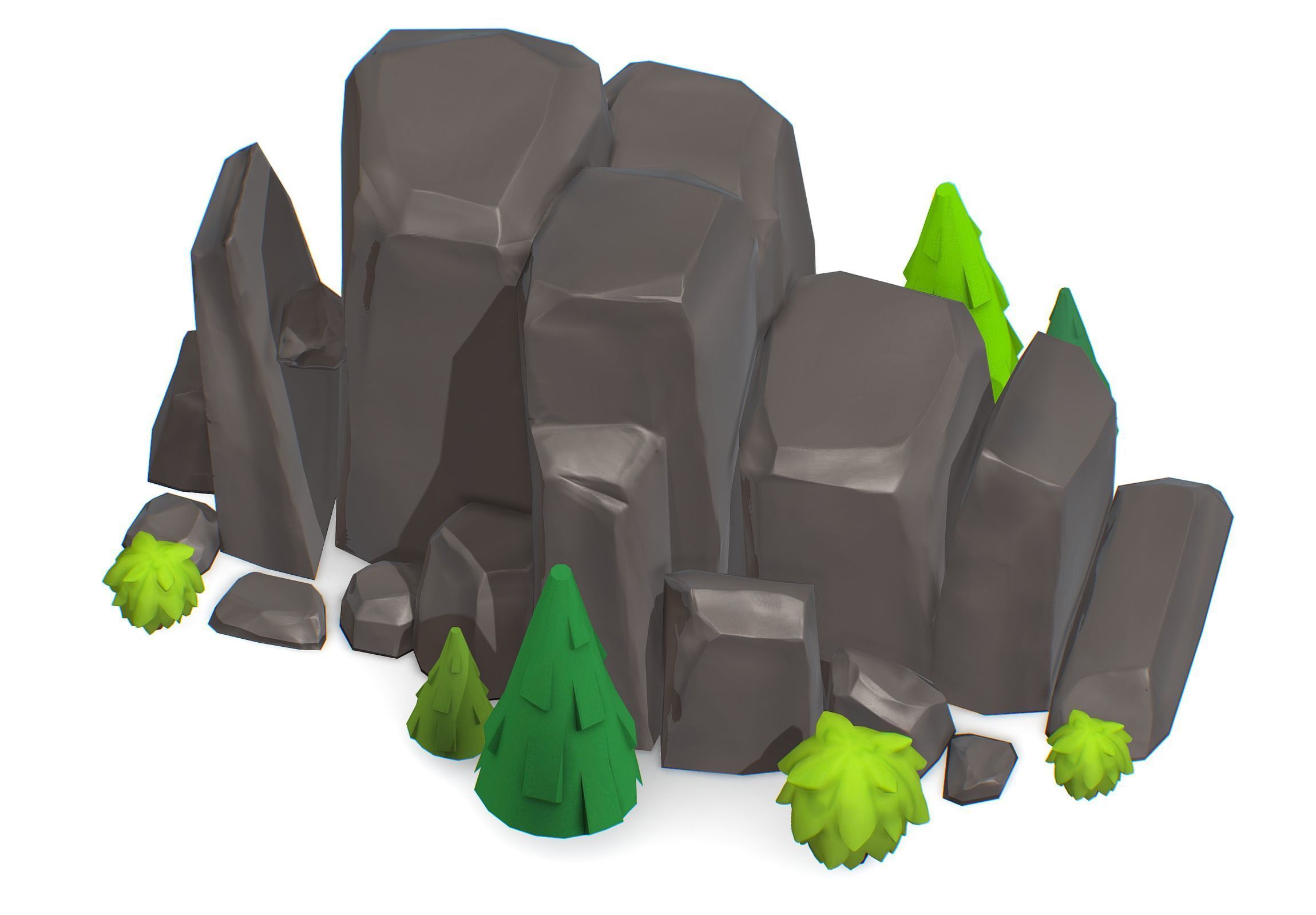 Cartoon Stone Cliff and Green Trees Low-poly 3D model_7