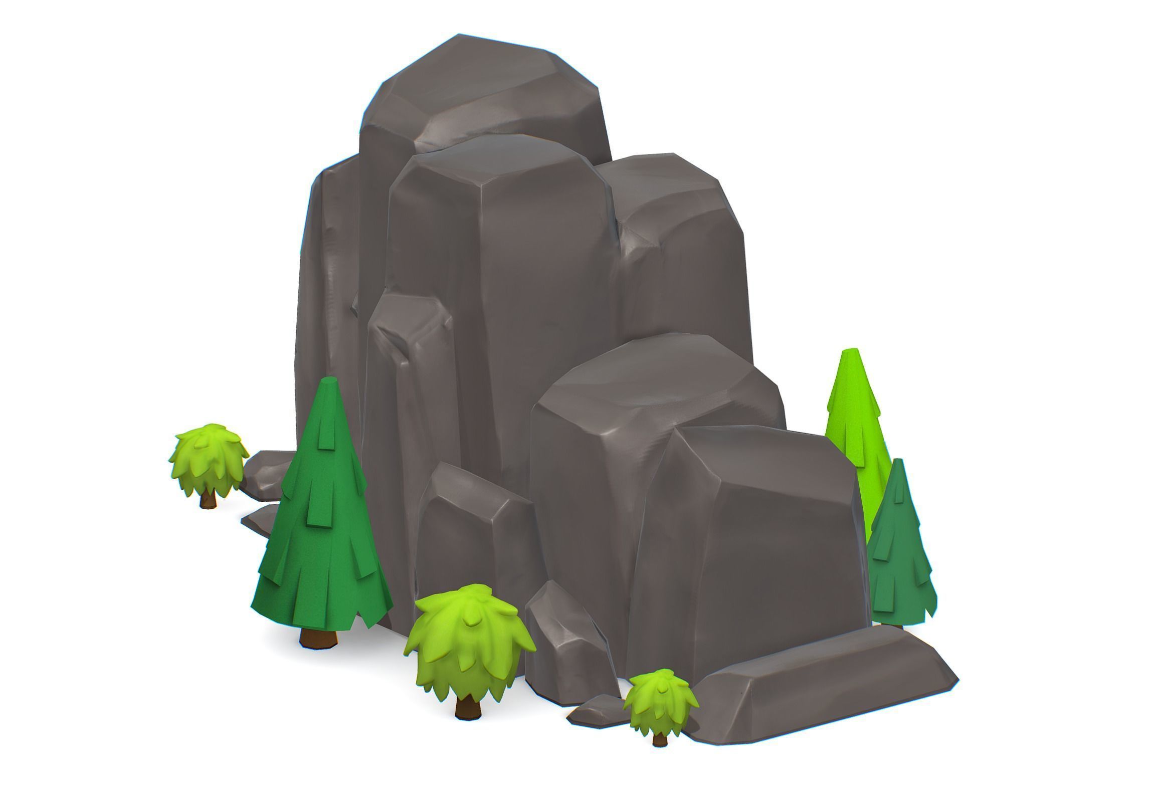 Cartoon Stone Cliff and Green Trees Low-poly 3D model_4