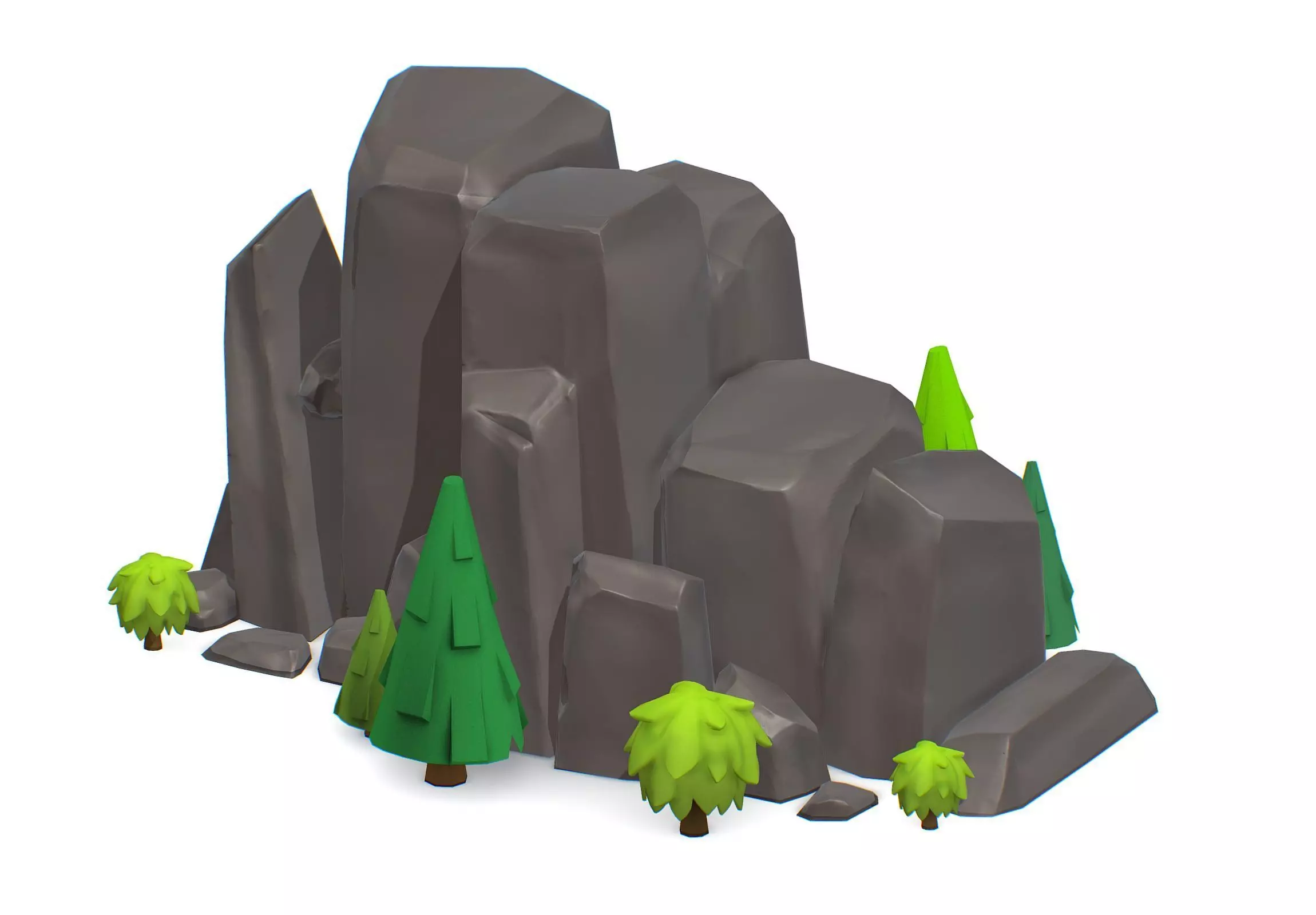 Cartoon Stone Cliff and Green Trees Low-poly 3D model_0