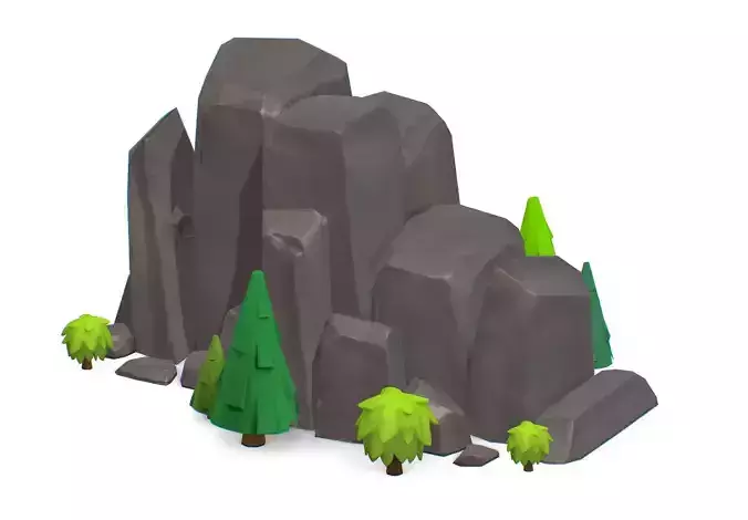 Cartoon Stone Cliff and Green Trees