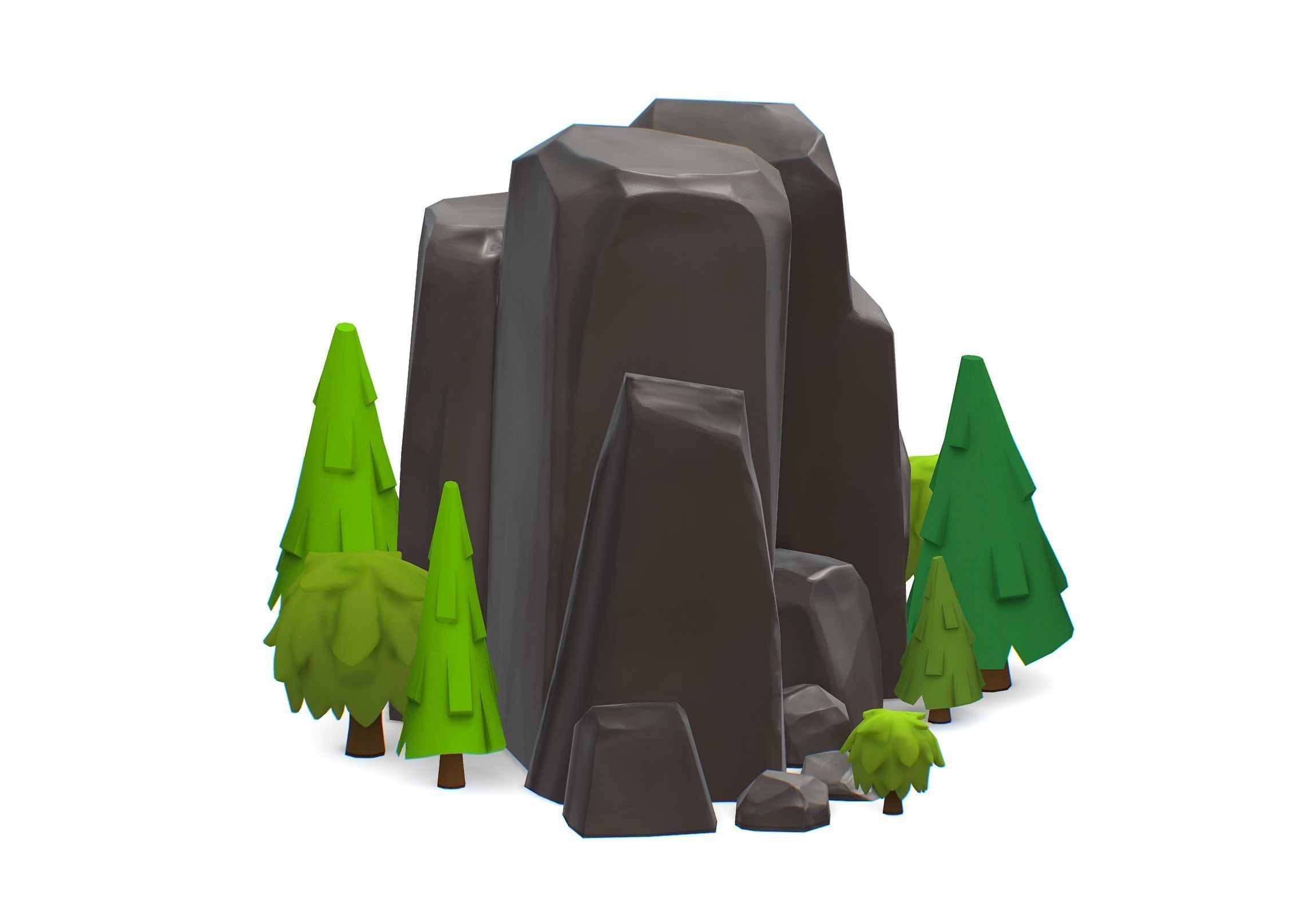 Cartoon Stone Cliff and Green Trees Low-poly 3D model_6