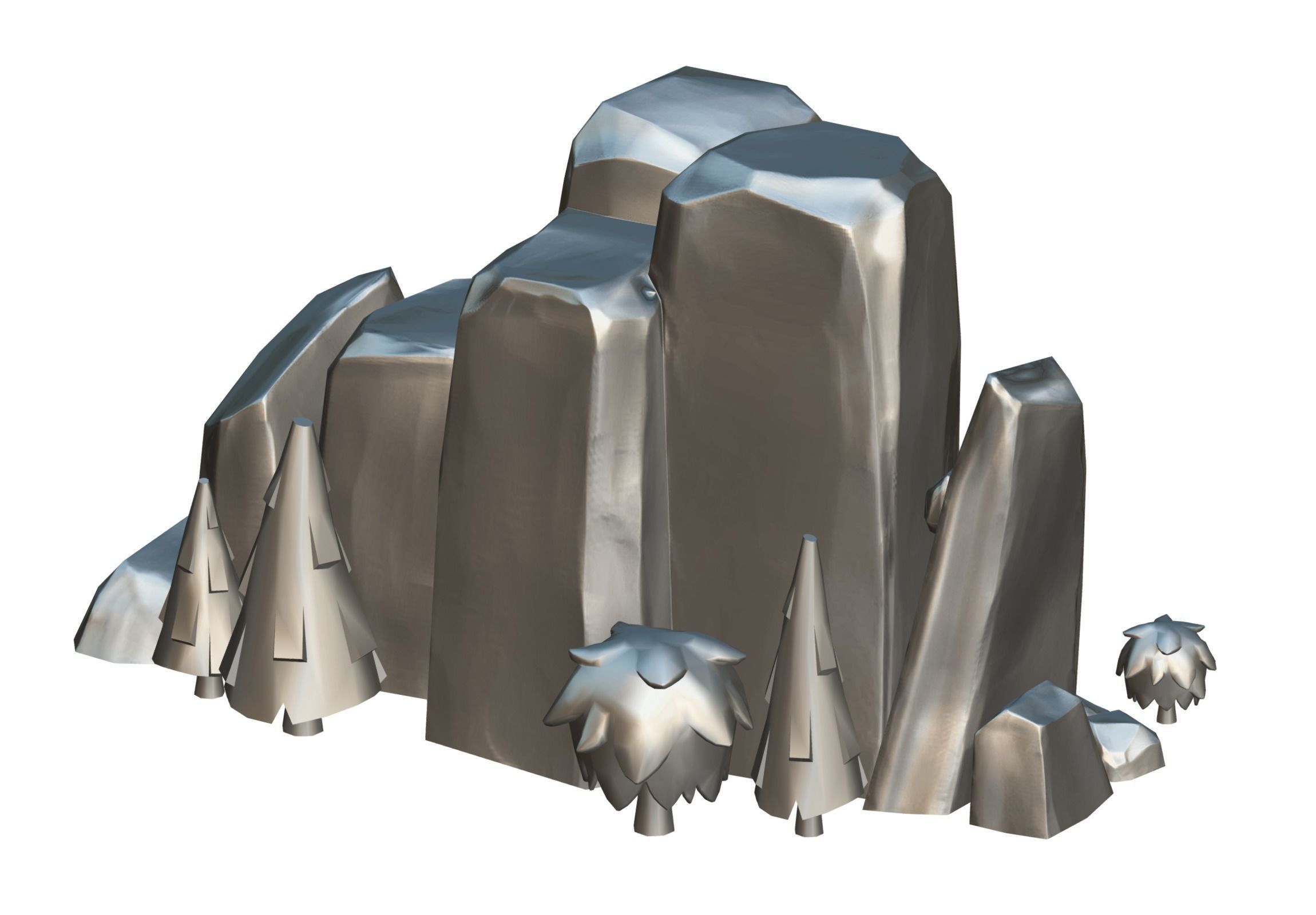 Cartoon Stone Cliff and Green Trees Low-poly 3D model_15