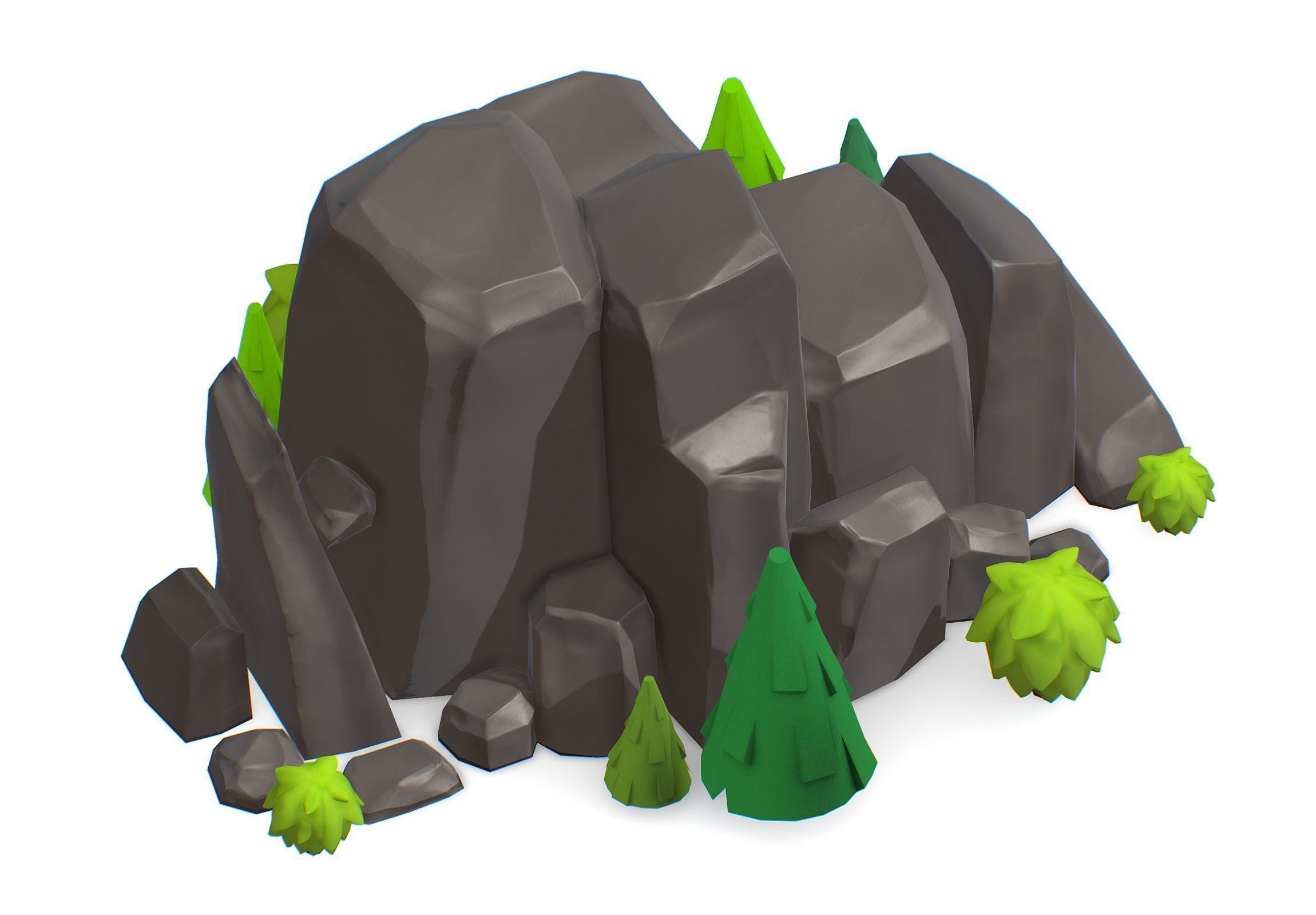 Cartoon Stone Cliff and Green Trees Low-poly 3D model_5