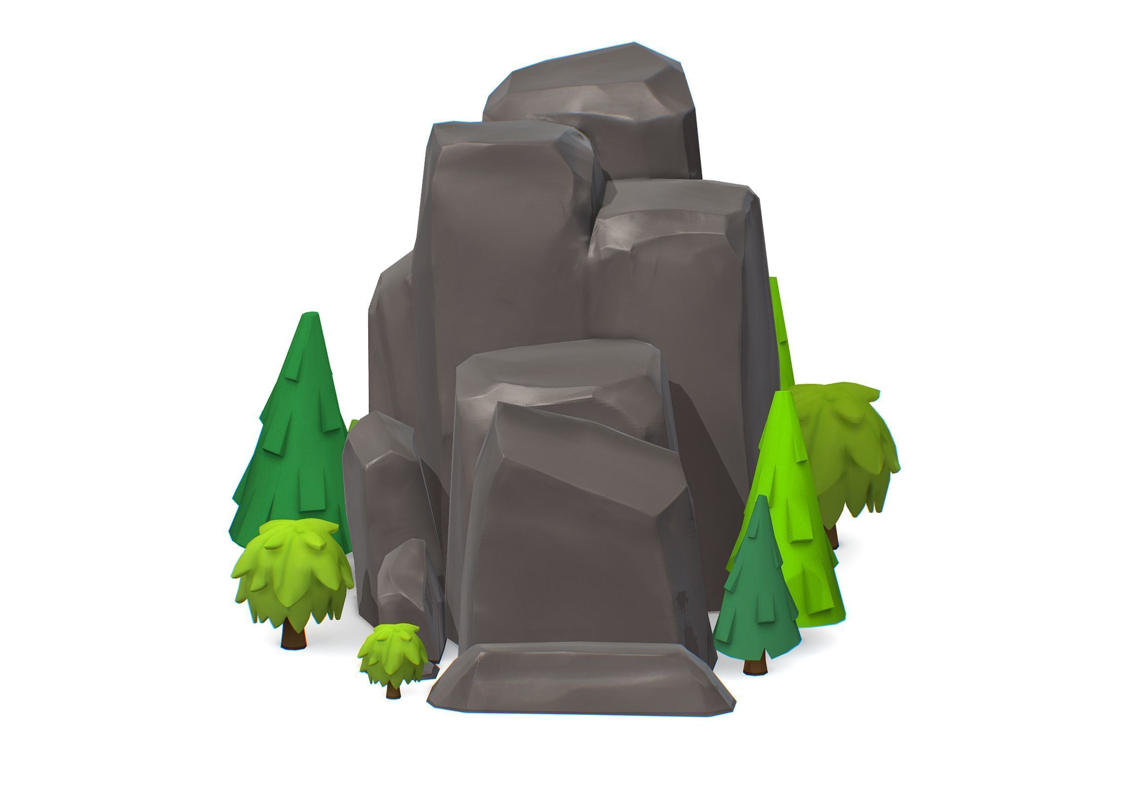 Cartoon Stone Cliff and Green Trees Low-poly 3D model_3