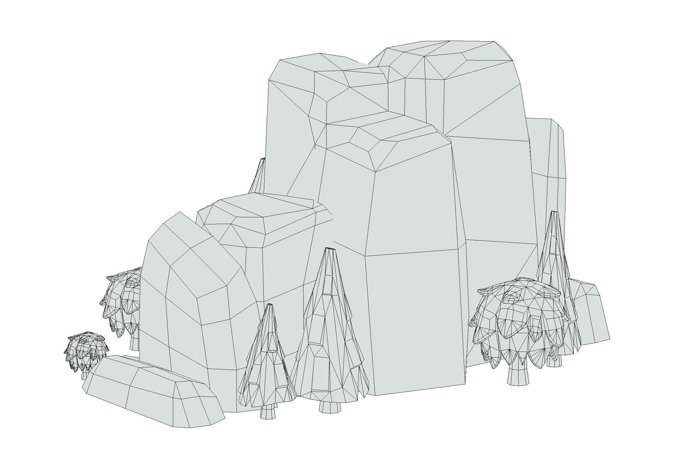 Cartoon Stone Cliff and Green Trees Low-poly 3D model_26