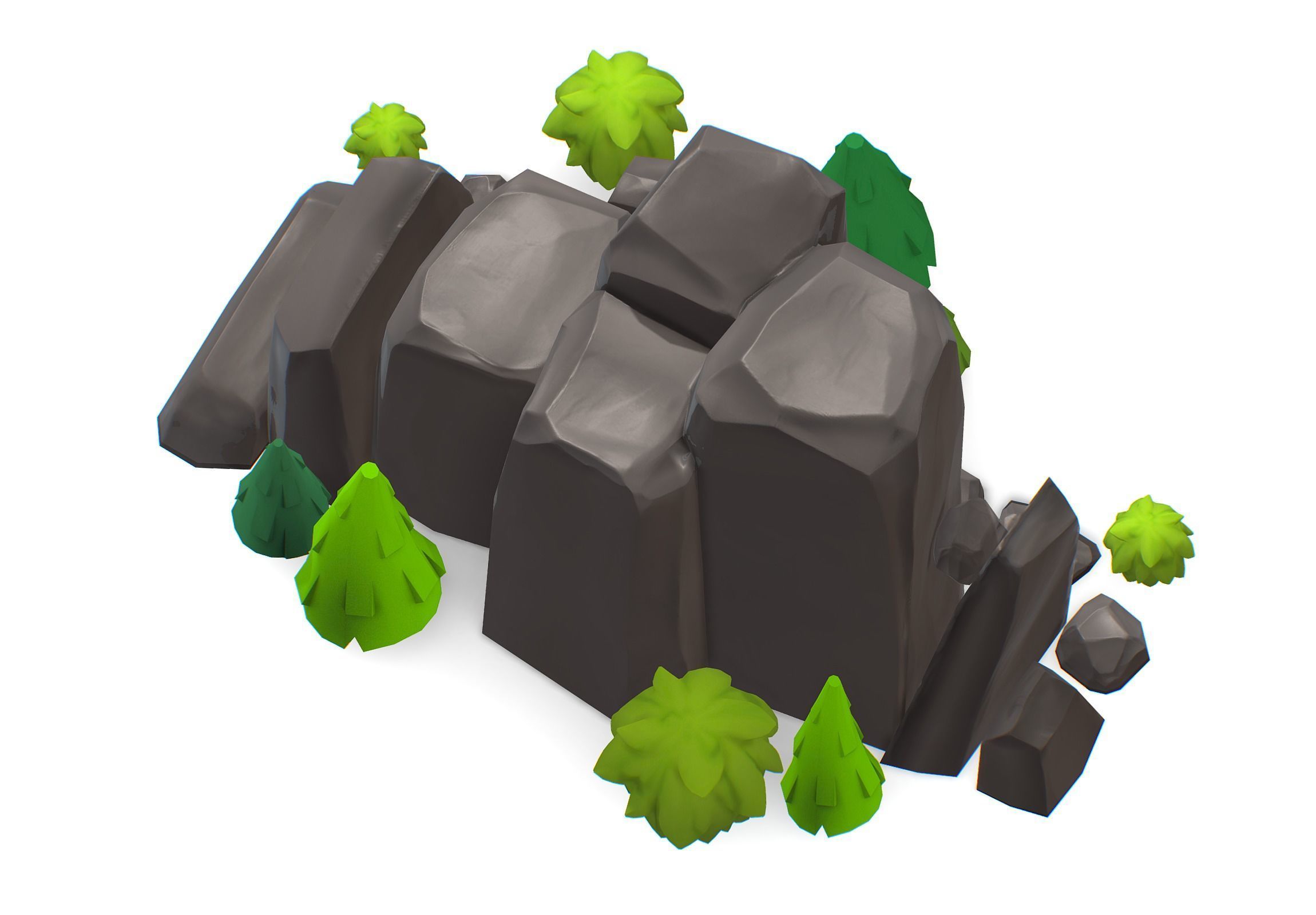 Cartoon Stone Cliff and Green Trees Low-poly 3D model_9