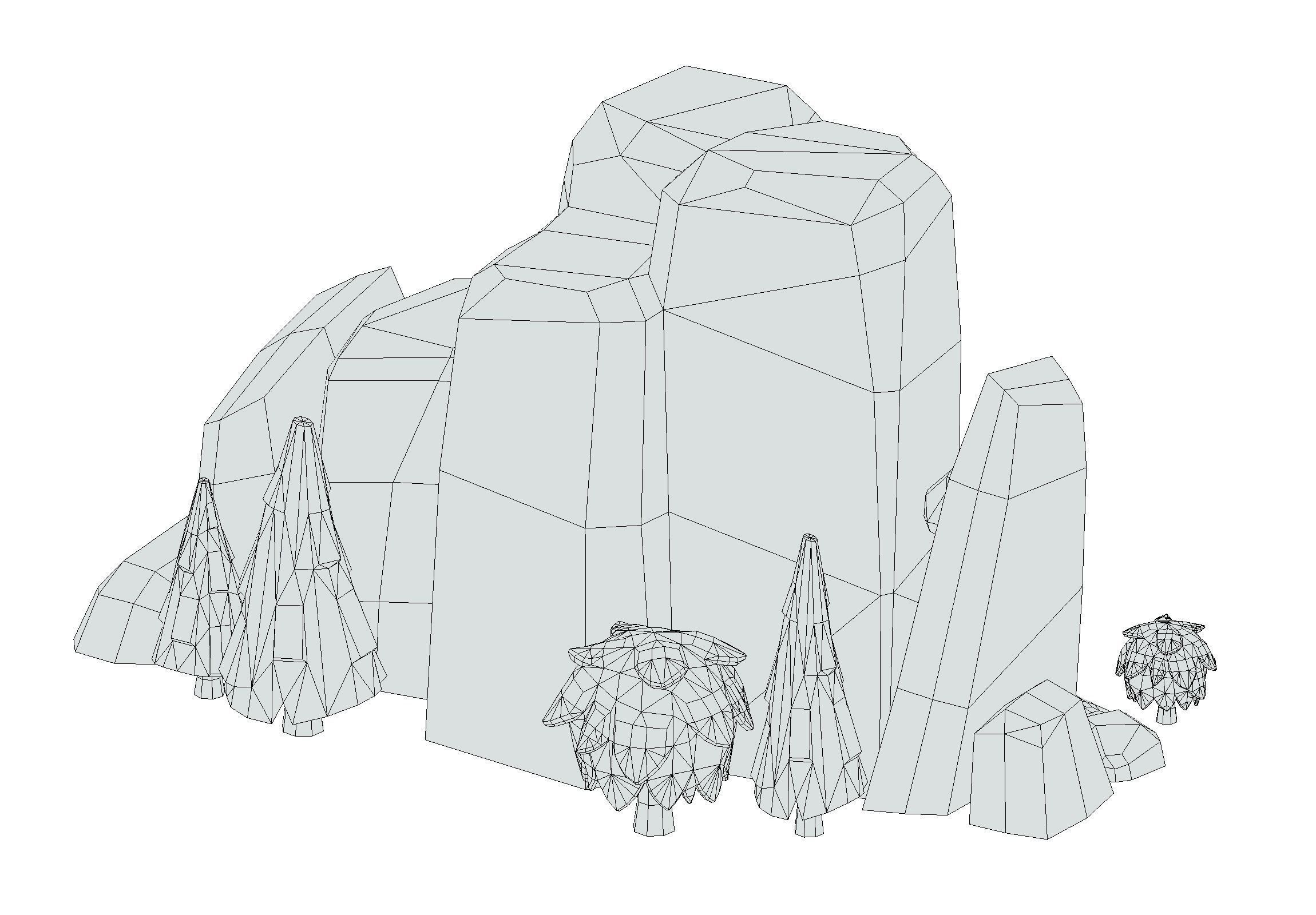 Cartoon Stone Cliff and Green Trees Low-poly 3D model_16