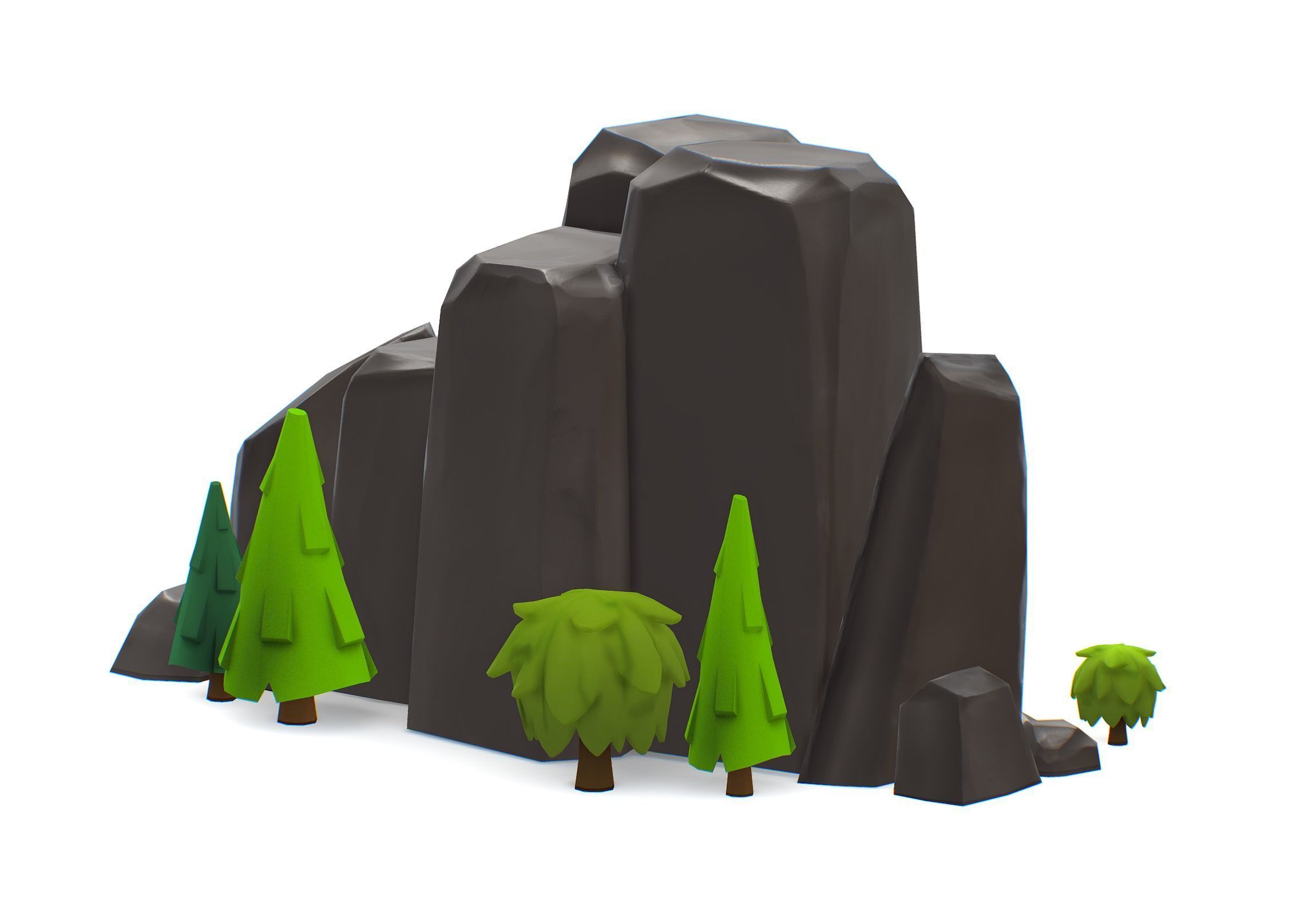 Cartoon Stone Cliff and Green Trees Low-poly 3D model_8