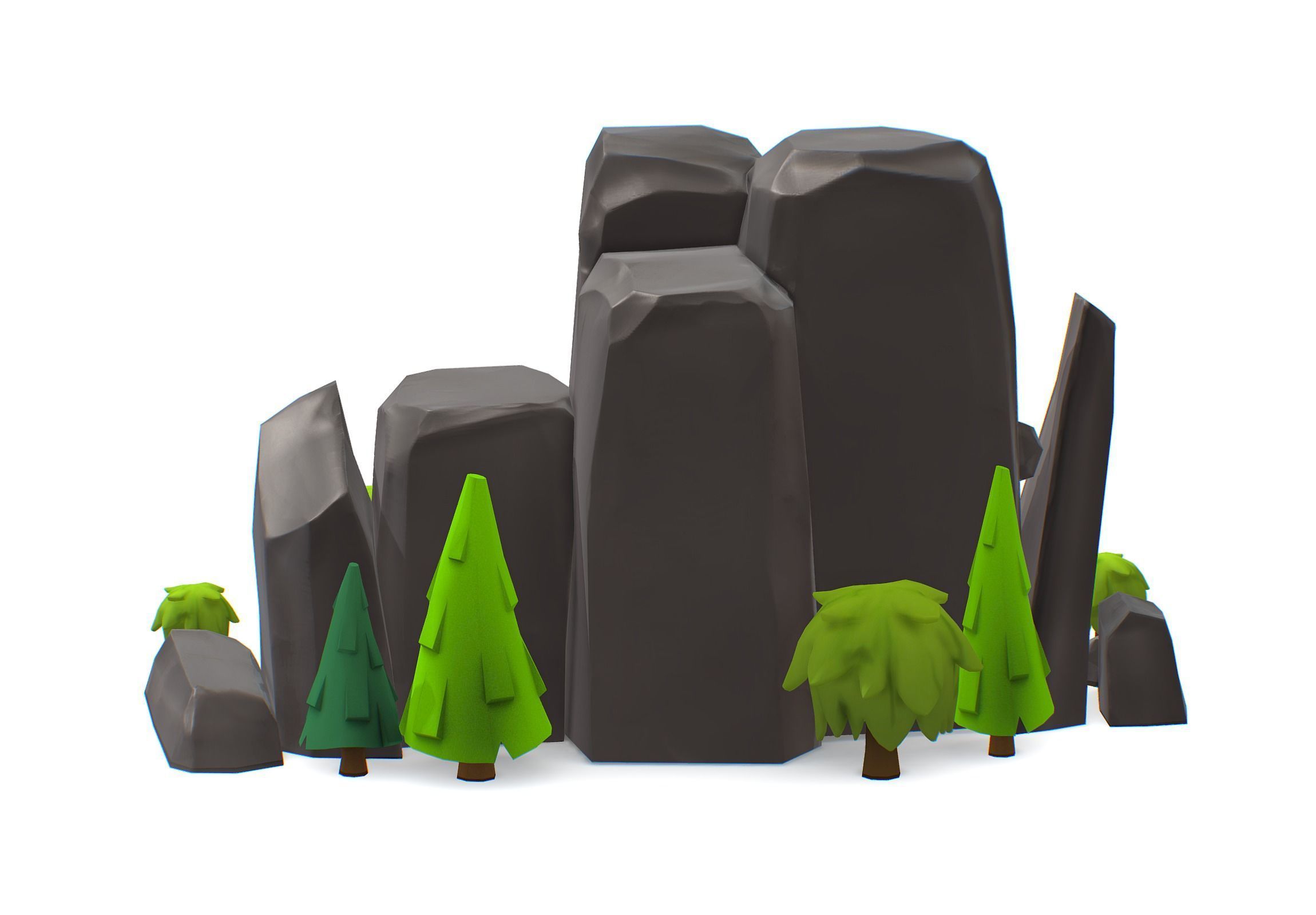 Cartoon Stone Cliff and Green Trees Low-poly 3D model_1