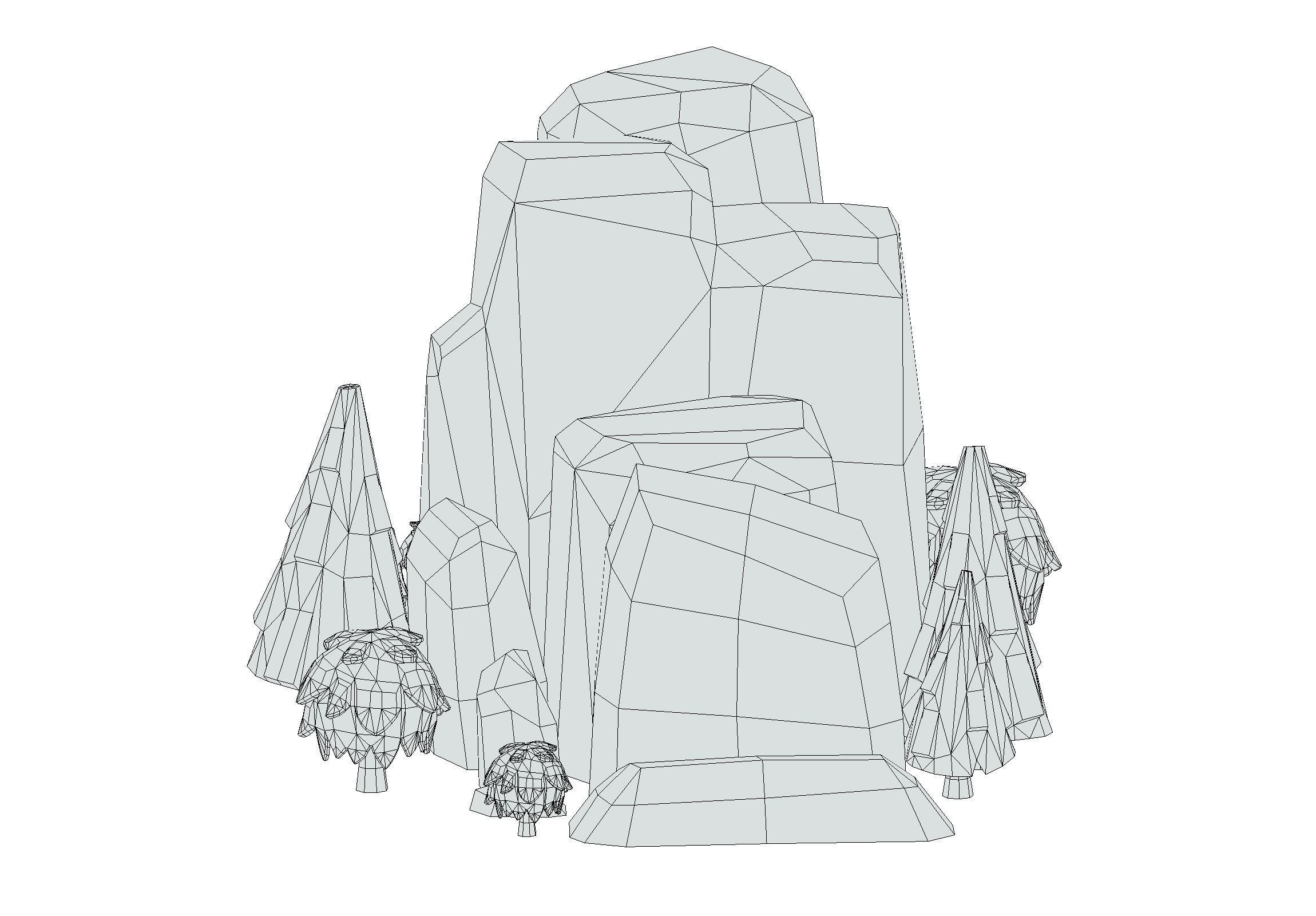 Cartoon Stone Cliff and Green Trees Low-poly 3D model_24