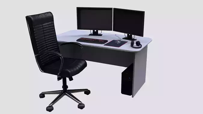 Low poly Asset computer desk with two monitors and office chair