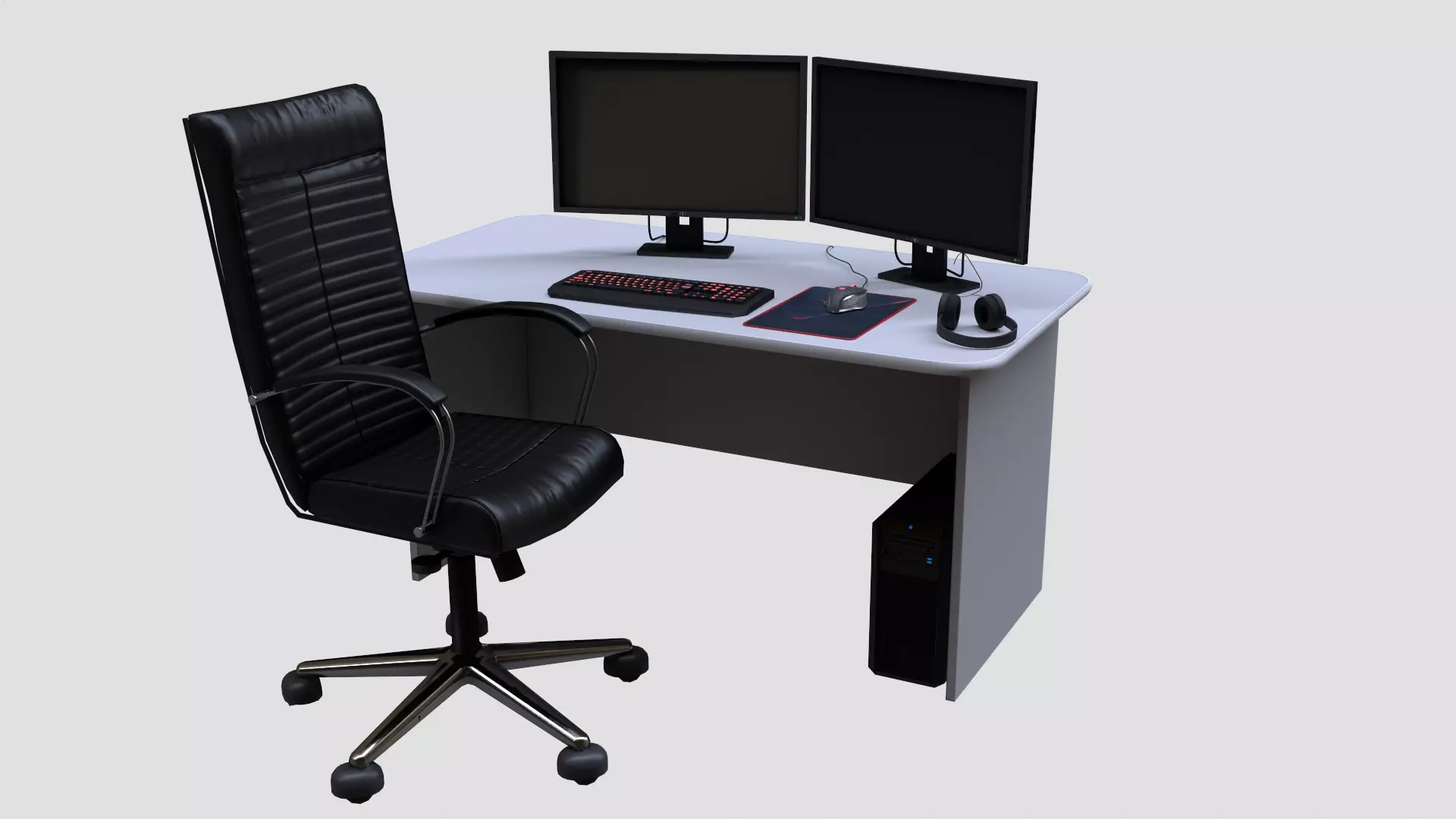 Low poly Asset computer desk with two monitors and office chair Low-poly 3D model_0
