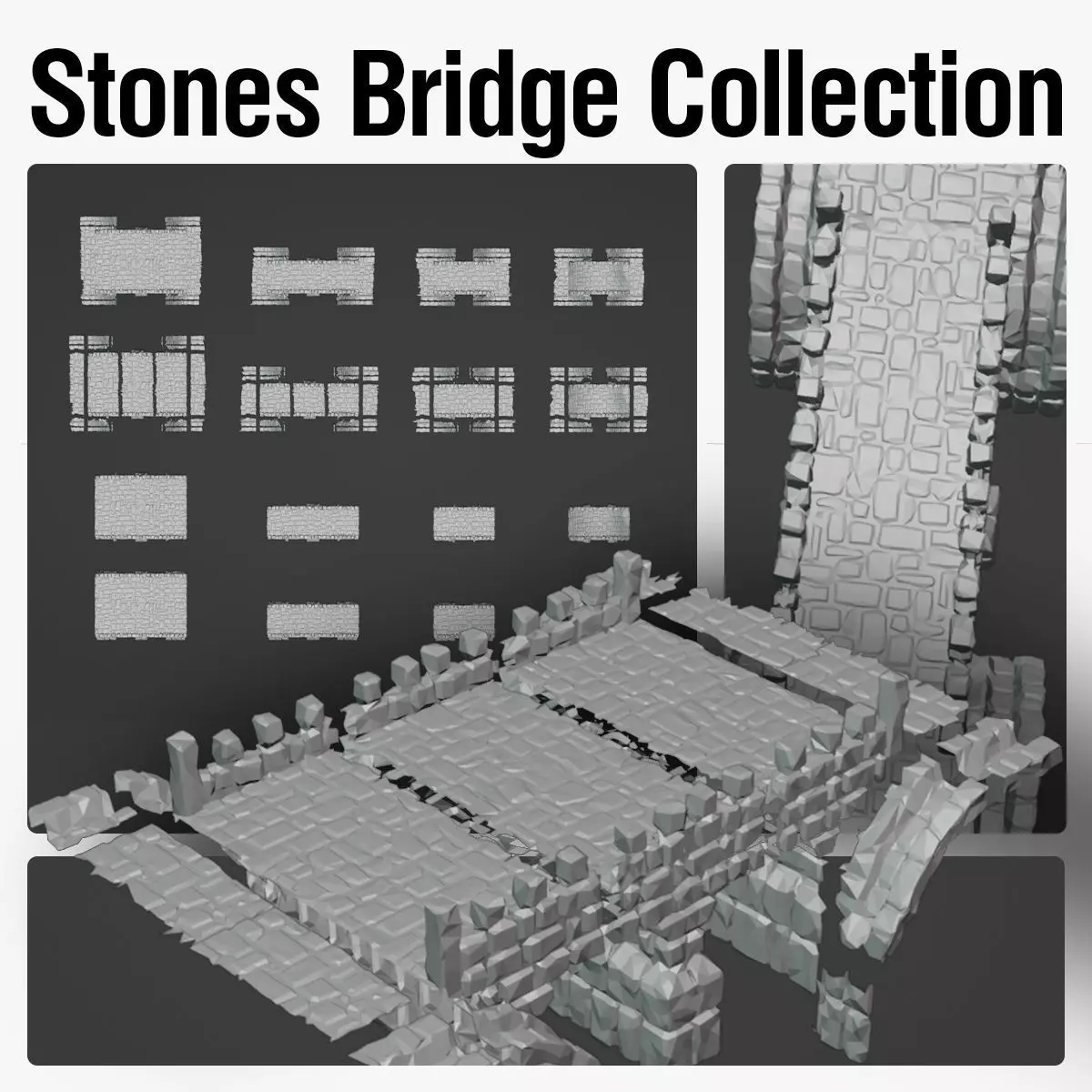 Stone medieval bridge collection 3D print model_0