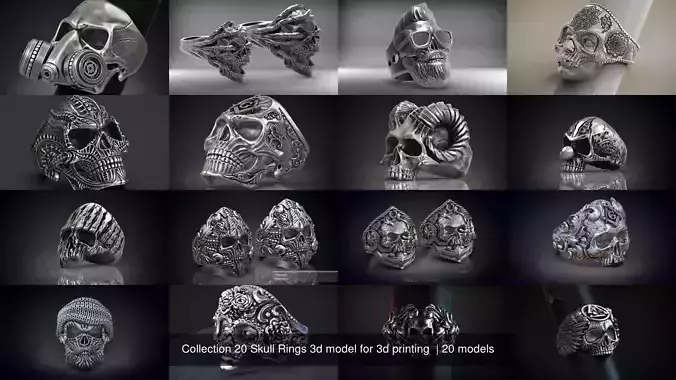 Collection 20 Skull Rings 3d model for 3d printing  