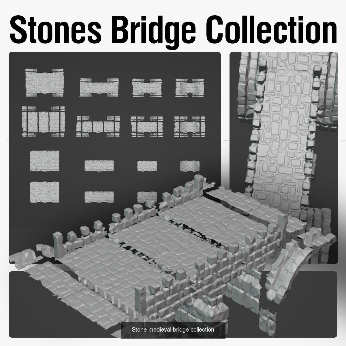 Stone bridge and paving stone road or square medieval collection _2