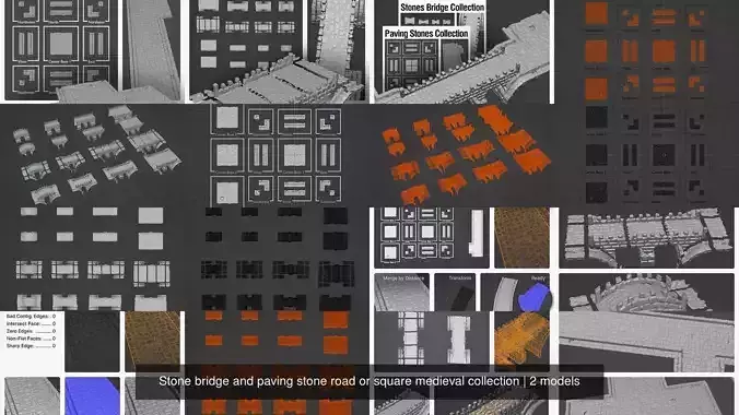 Stone bridge and paving stone road or square medieval collection