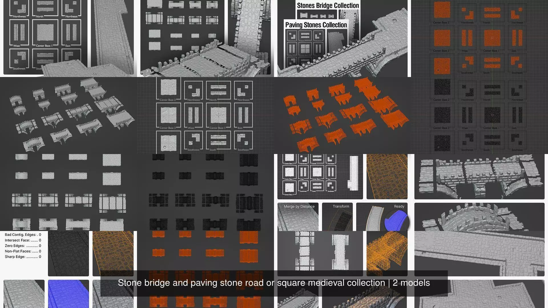 Stone bridge and paving stone road or square medieval collection _1