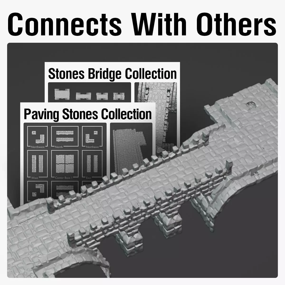 Stone bridge and paving stone road or square medieval collection _0