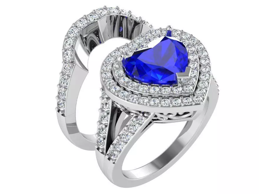 Luxurious blue heart ring with band 3300 3D print model 3D print model_0